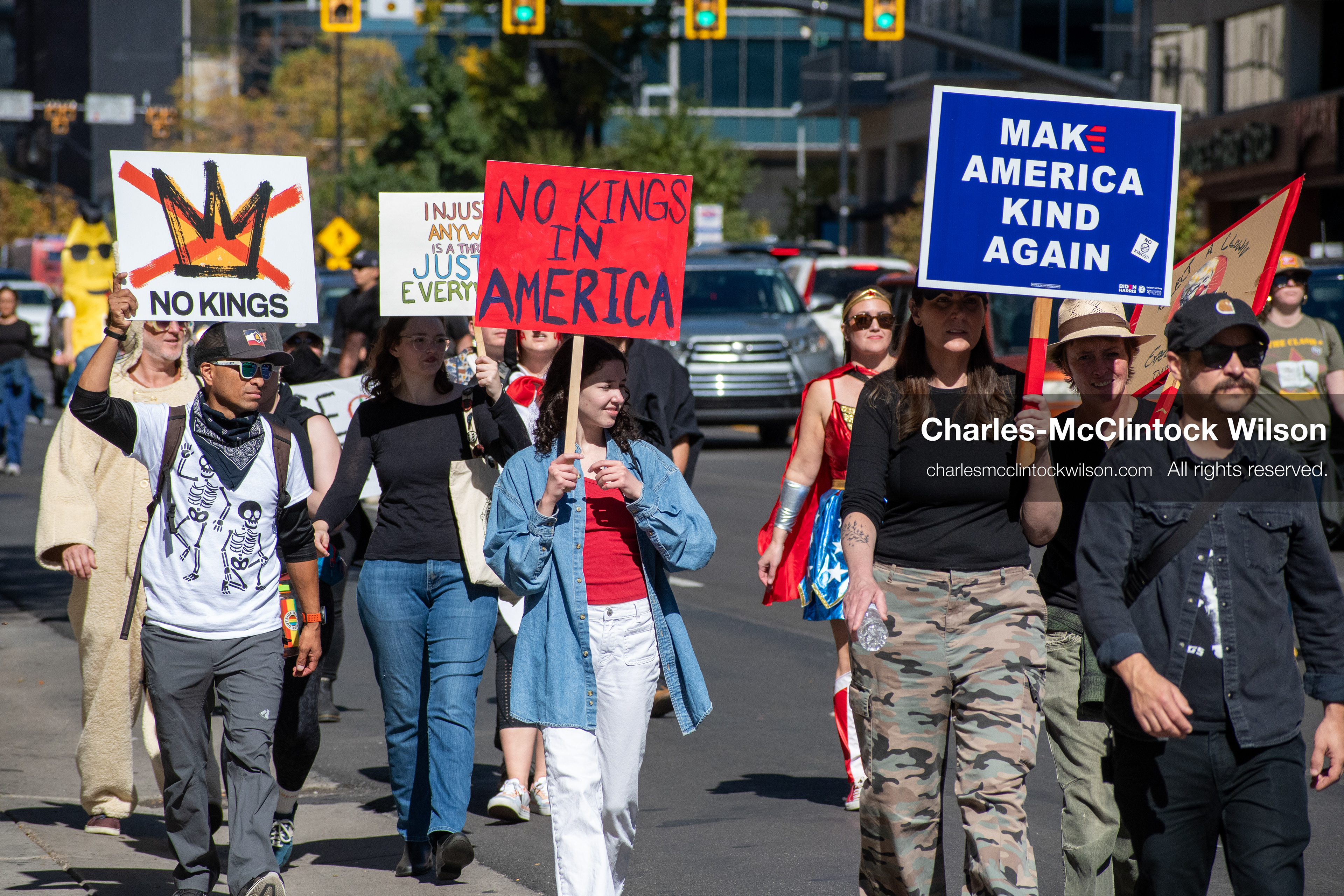 October 18, 2025, Salt Lake City, Utah, USA: Demonstrators march along South State Street during a "No Kings" protest in Salt Lake City, Utah. The protest was part of a nationwide mobilization.