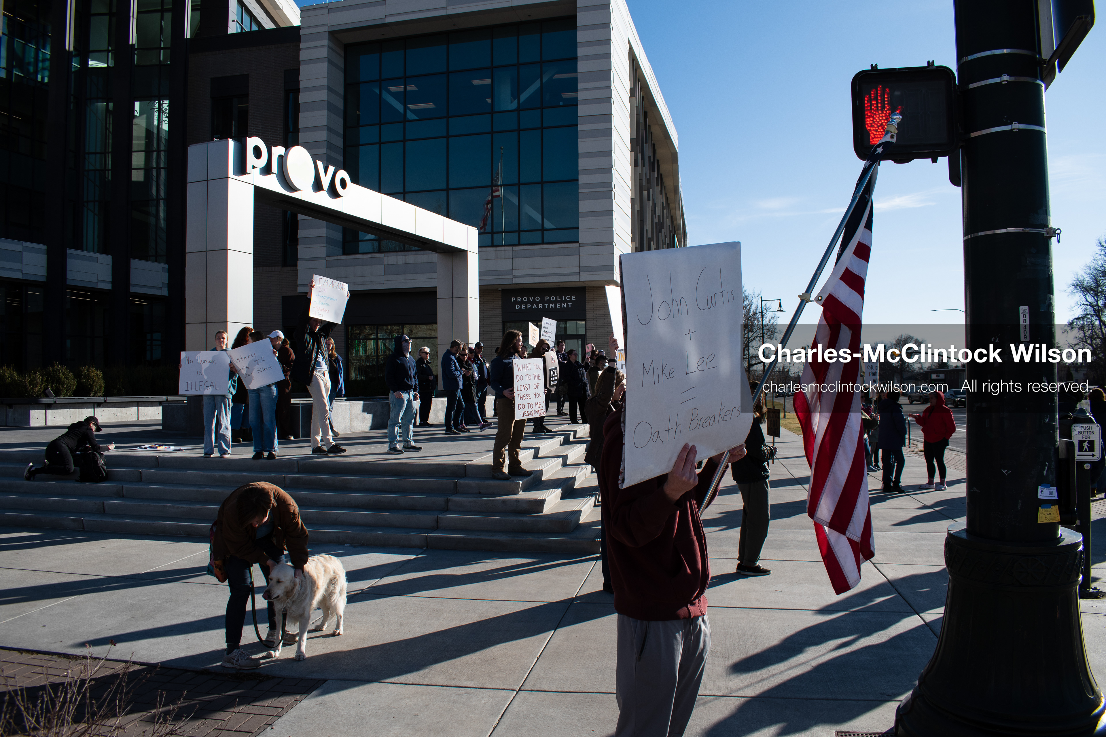 January 20, 2026, Provo, Utah, USA: Protesters gather outside Provo City Hall during the Free America Walkout protest in Provo, Utah, on January 20, 2026. Demonstrators held signs calling for justice, immigration reform, and an end to detention practices. (Credit Image: © Charles-McClintock Wilson/ZUMA Press Wire)