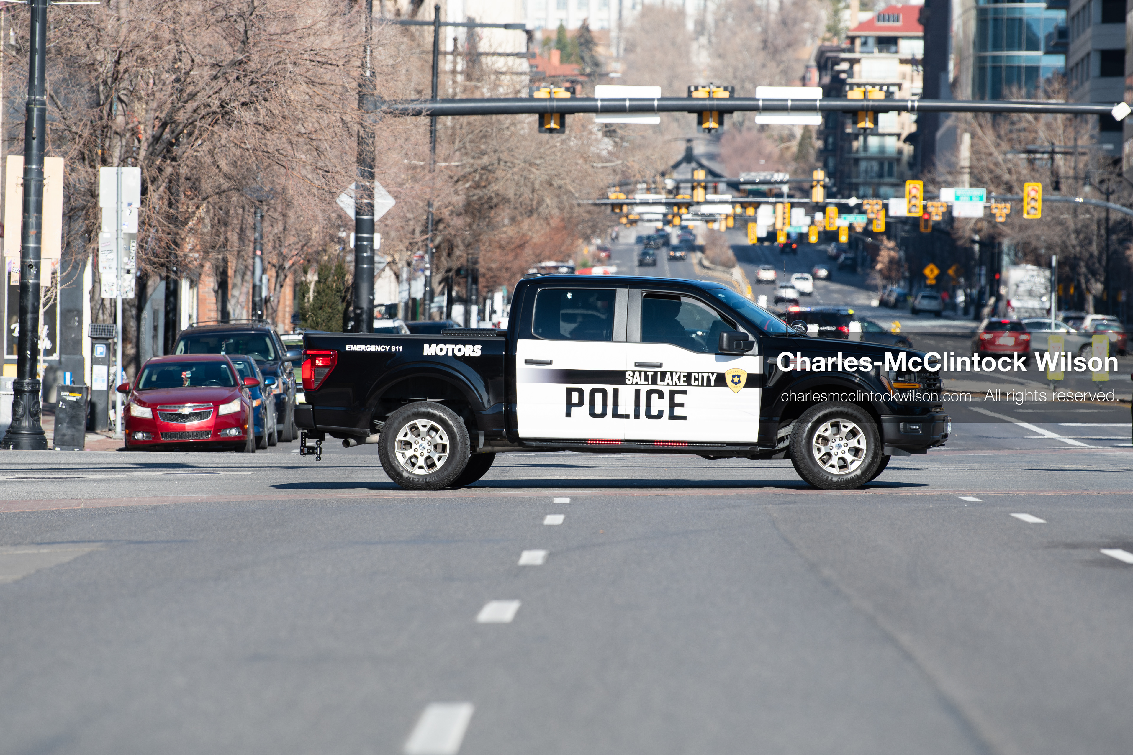Salt Lake City, Utah, January 10, 2026: A Salt Lake City Police Department vehicle blocks Main Street near Washington Square Park during the ICE Out for Good protest, a demonstration calling for justice for Renee Nicole Good. (Credit Image: © Charles‑McClintock Wilson/ZUMA Press Wire)