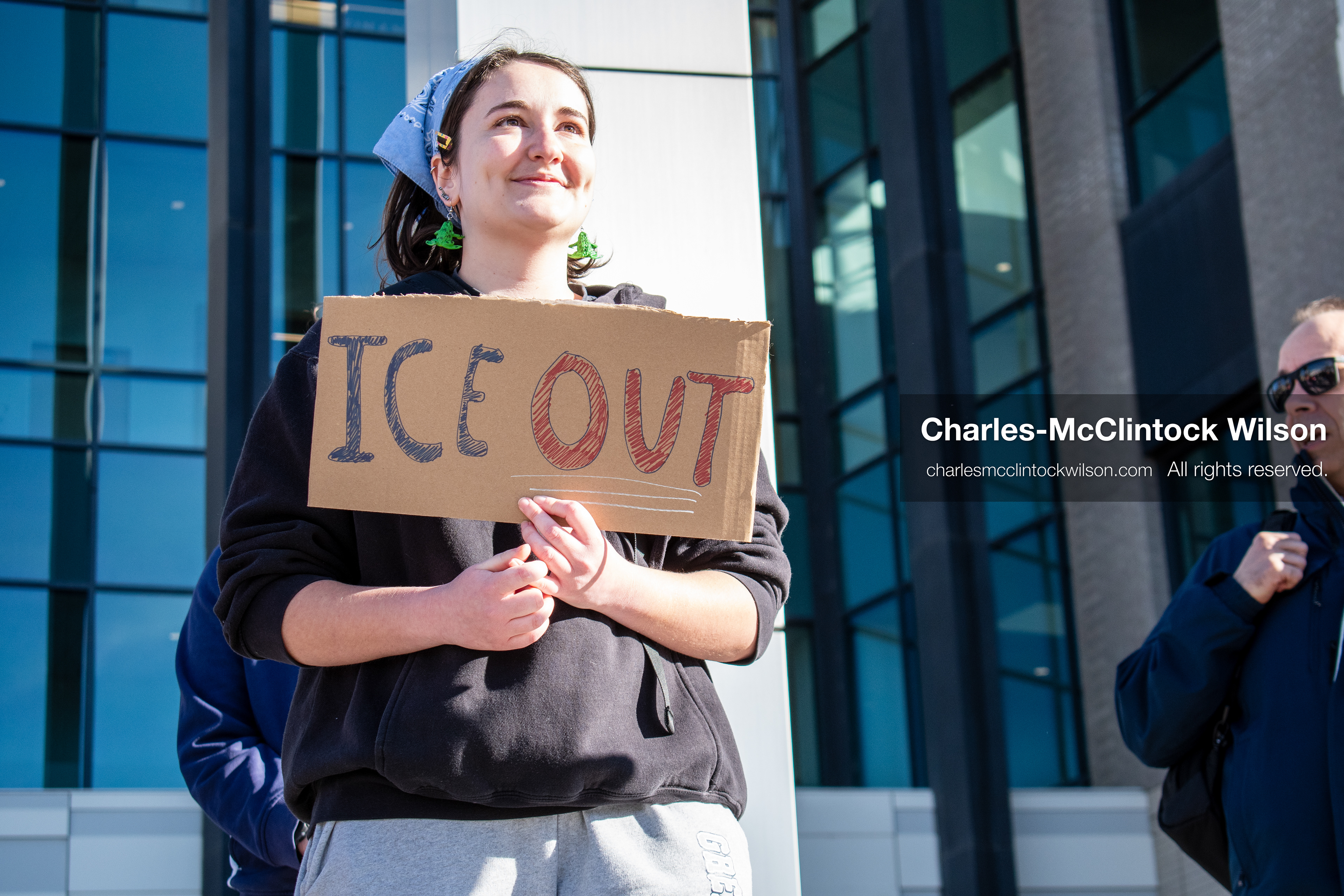 January 20, 2026, Provo, Utah, USA: A demonstrator stands outside Provo City Hall during the Free America Walkout protest in Provo Utah on January 20 2026. The nationwide event called for immigration reform and changes to detention practices. 