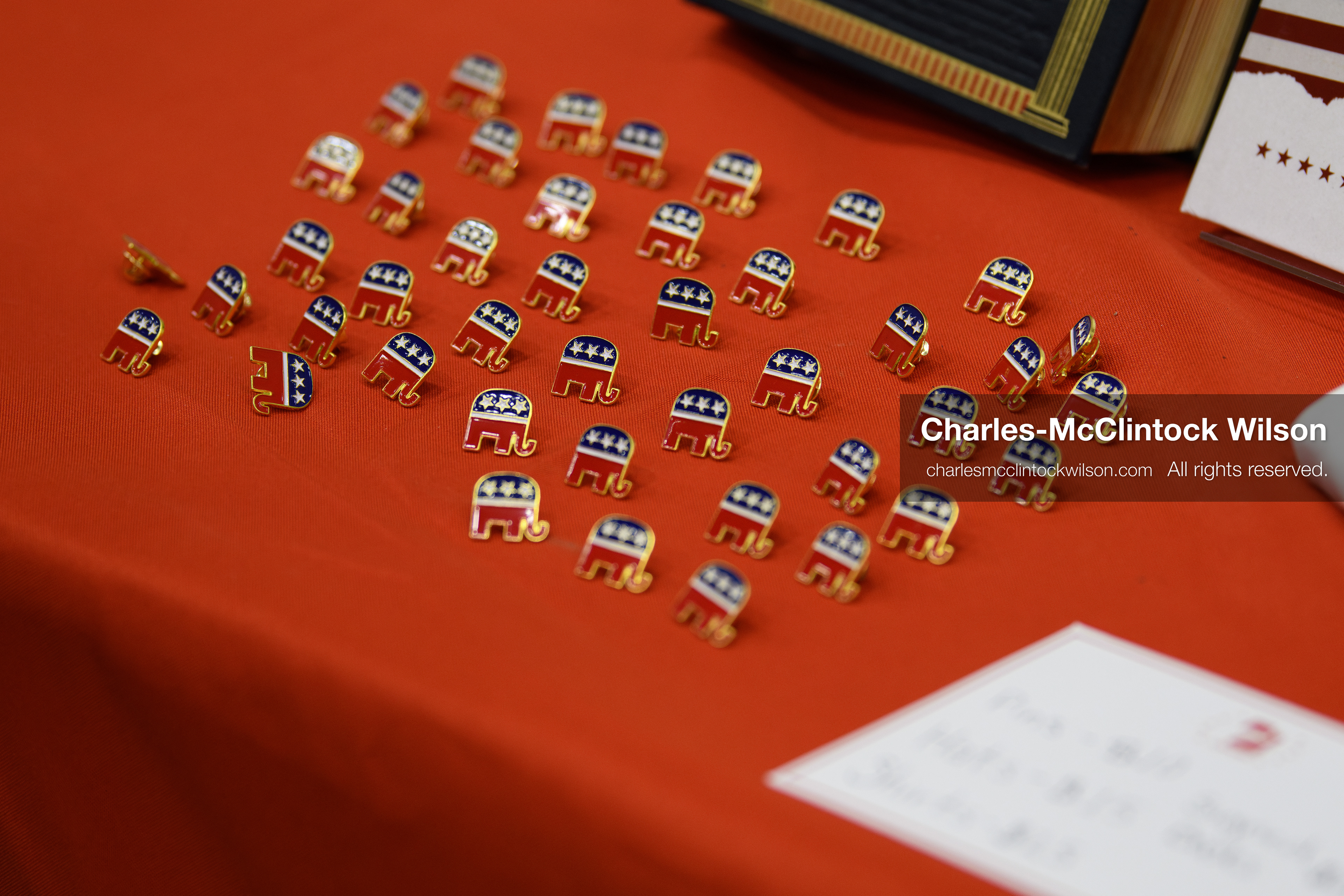 April 25, 2026, Orem, Utah, USA: Elephant‑shaped Republican Party pins are displayed on a table during the 2026 Utah Republican State Nominating Convention at the UCCU Center on the campus of Utah Valley University in Orem. (Credit Image: © Charles-McClintock Wilson/ZUMA Press Wire)