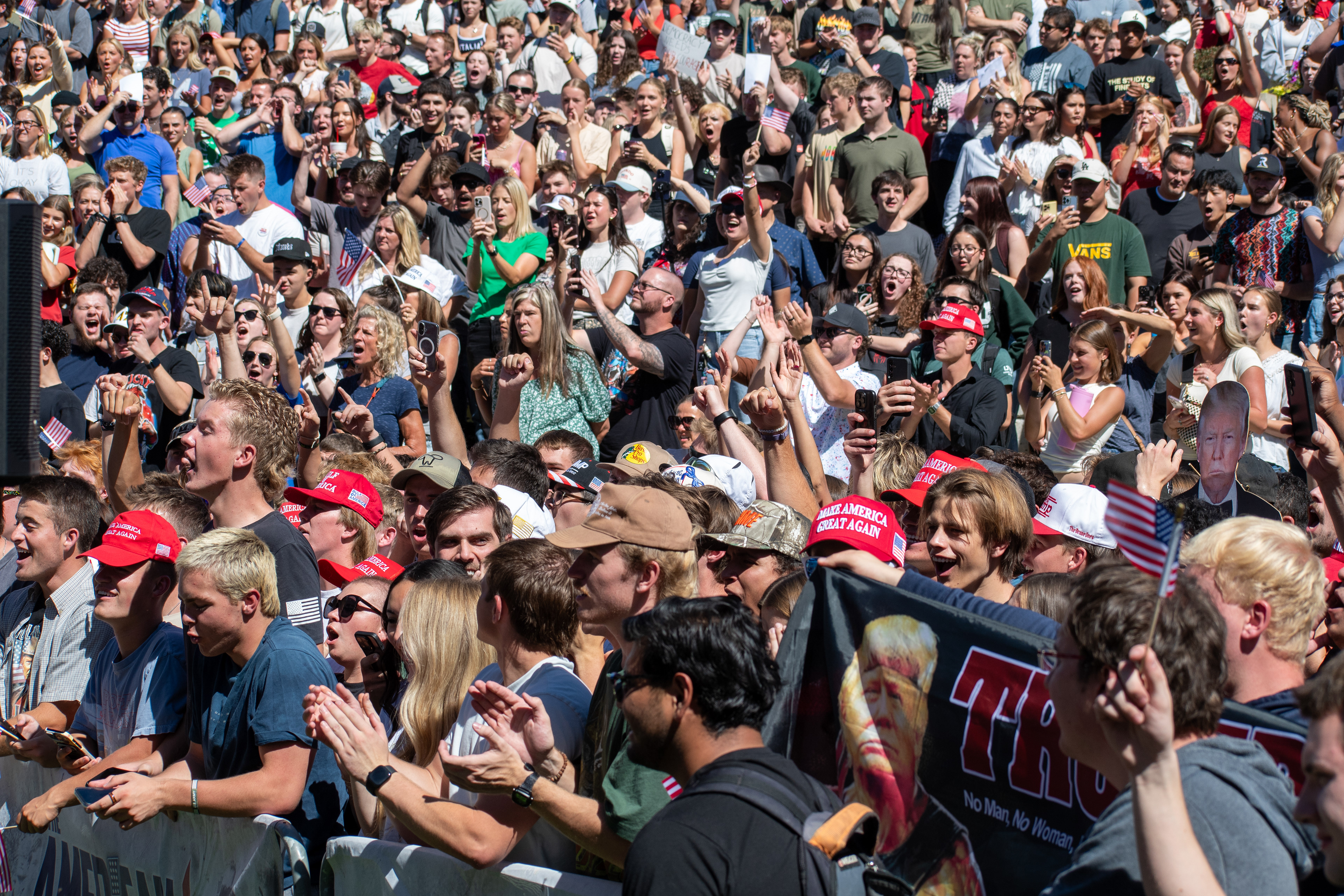 OREM, UTAH – SEPTEMBER 10, 2025: Attendees gather in close formation at Utah Valley University for the opening stop of the American Comeback Tour. The image captures a moment of shared anticipation and civic presence, reflecting the energy, emotion, and communal engagement that defined the event’s intended spirit. © Charles-McClintock Wilson / ZUMA Press 