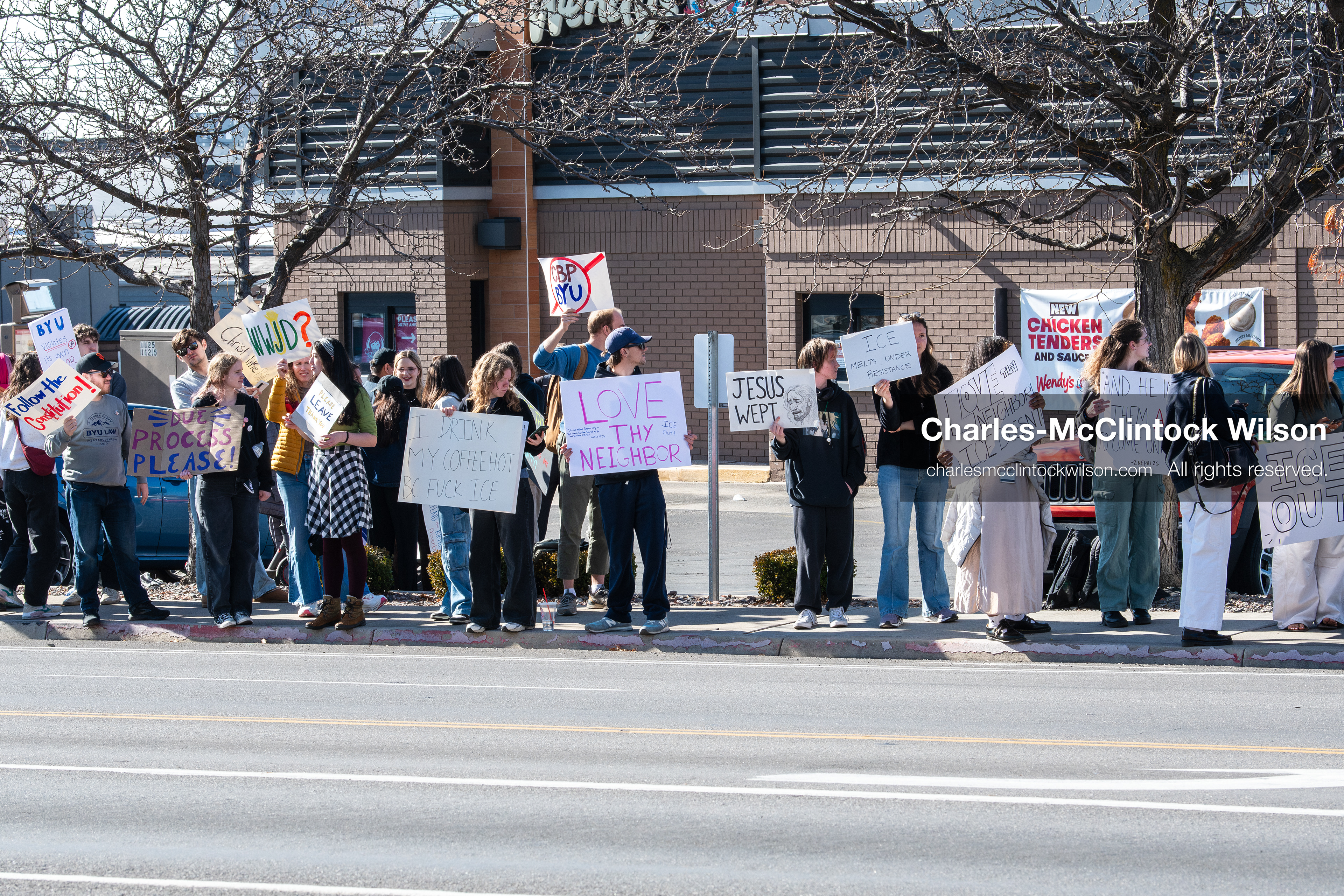 February 5, 2026, Provo, Utah, USA: Students and community members gather near Brigham Young University in Provo to demonstrate against the presence of US Customs and Border Protection recruiters at a career fair held on the BYU campus. (Credit Image: © Charles McClintock Wilson/ZUMA Press Wire)