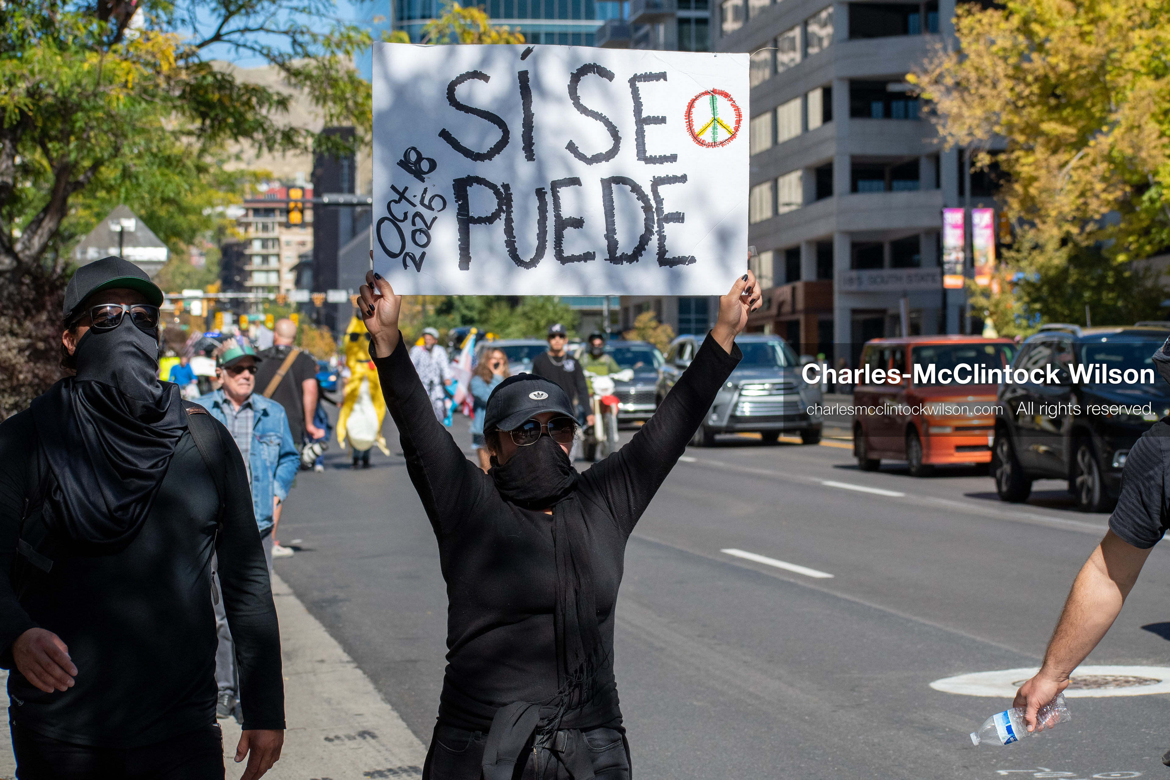 October 18, 2025, Salt Lake City, Utah, USA: Demonstrators march along South State Street during a "No Kings" protest in Salt Lake City, Utah. The protest was part of a nationwide mobilization.