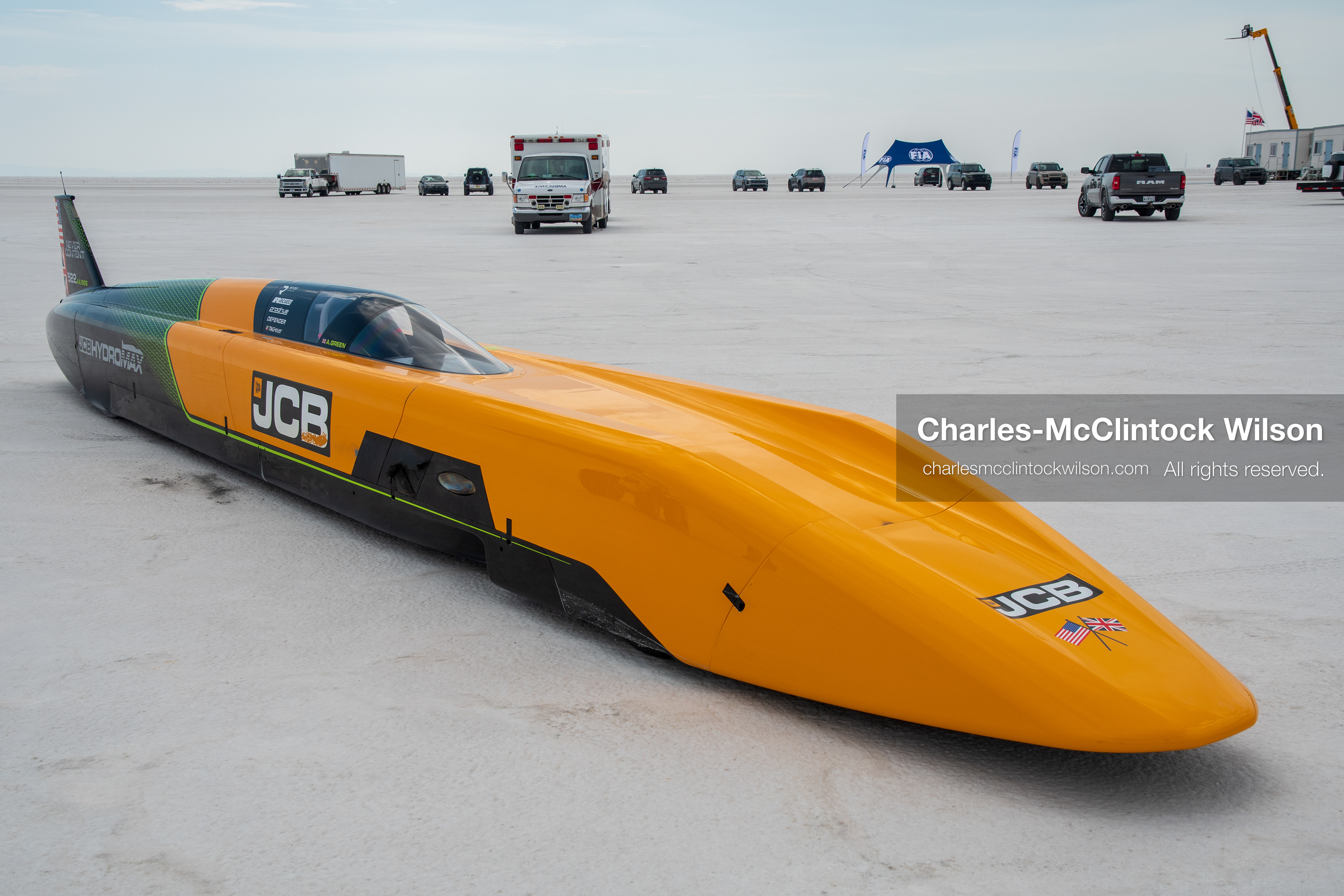  August 11, 2026, Wendover, Utah, USA: The ''JCB Hydromax'' hydrogen-powered streamliner sits parked on the Bonneville Salt Flats on Tuesday. Driven by British pilot Andy Green, the vehicle achieved a record speed of 406.320 mph. (Credit Image: © Charles McClintock Wilson/ZUMA Press Wire)