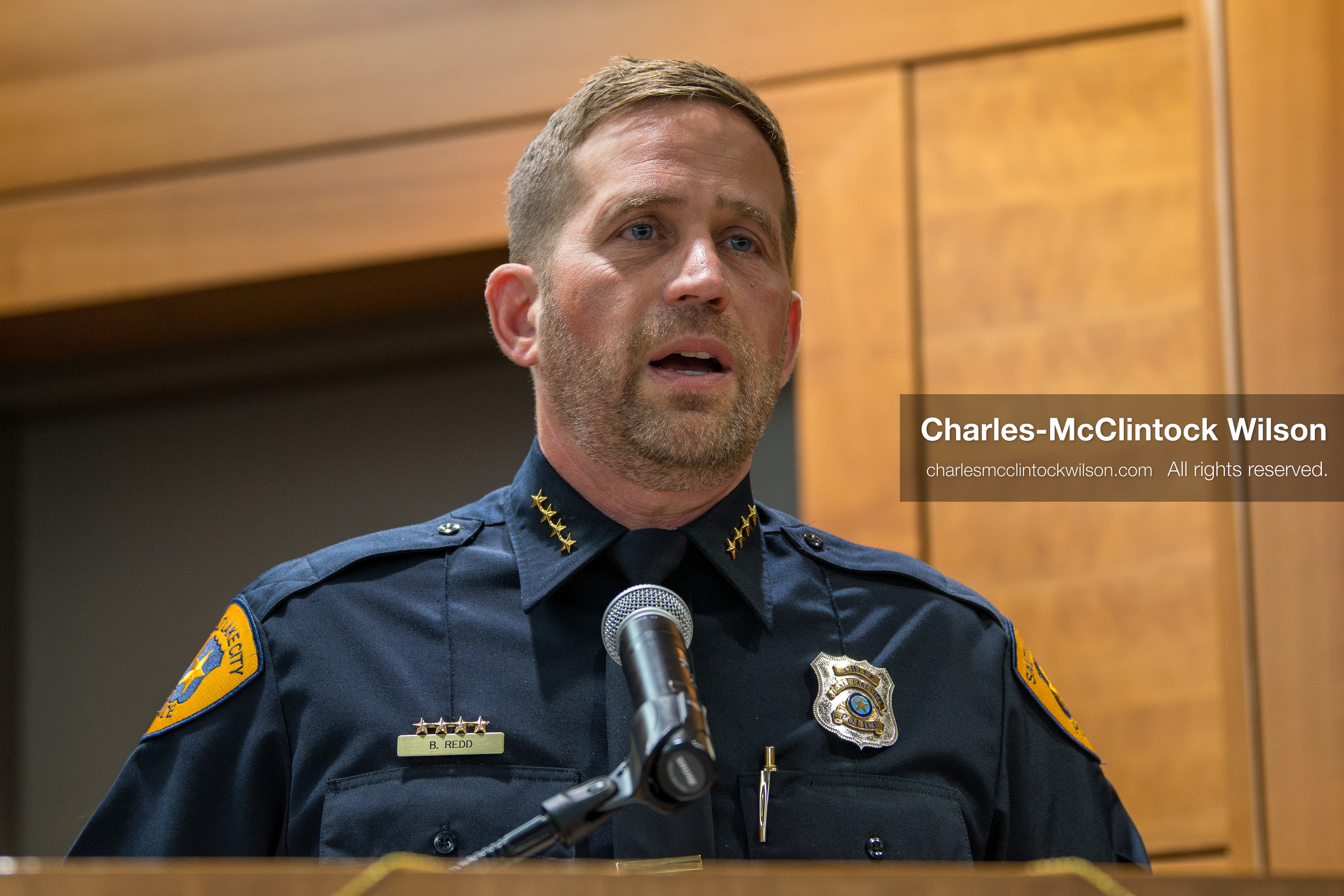 January 8, 2026, Salt Lake City, Utah, USA: Salt Lake City Police Chief BRIAN REDD speaks during a press conference at the Salt Lake City Public Safety Building in Salt Lake City, Utah, on Jan. 8, 2026. Officials provided updates on the investigation into the shooting outside an LDS meetinghouse on Redwood Road the previous night, where 38 year old Sione Vatuvei and 46 year old Vaea Tulikihihifo were killed and six others were wounded during a memorial service. Police said they have solid leads and are reviewing surveillance video and license plate reader data. (Credit Image: © Charles-McClintock Wilson/ZUMA Press Wire)