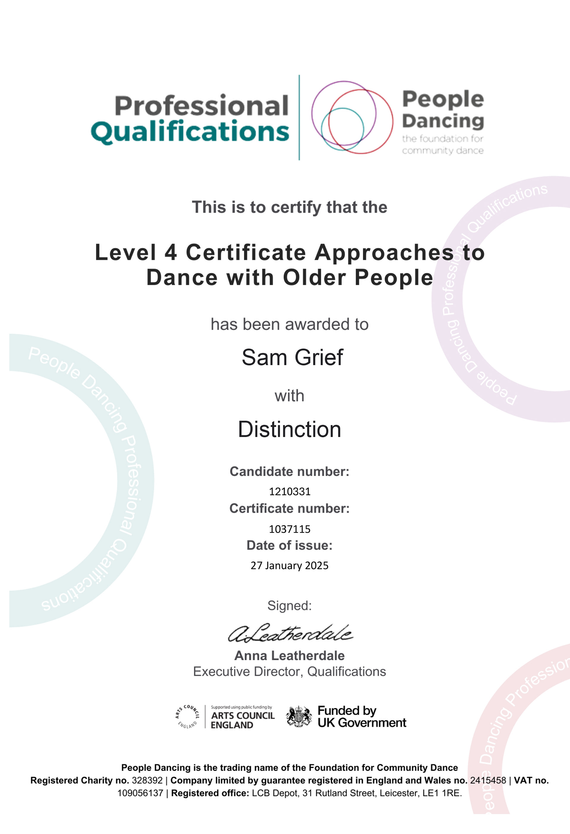 Distinction in Approaches to Dance with Older People Certificate