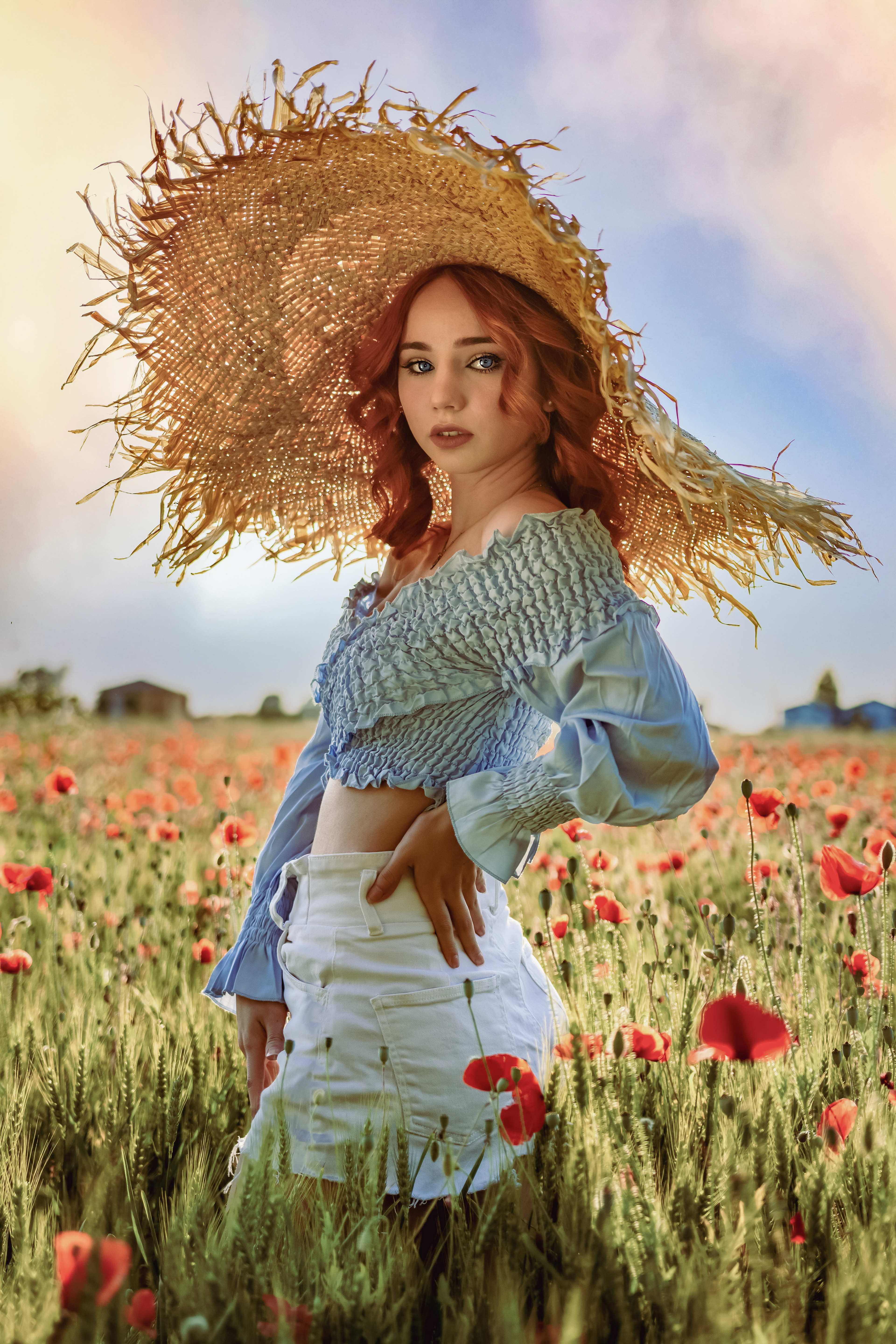 Shooting con Arianna in campo di tulipani, colori caldi