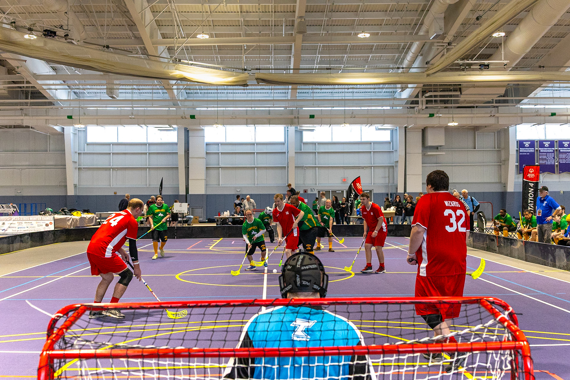 during floorball competition at the Golisano Training Center at Nazareth University in Rochester, N.Y., Feb. 22, 2025. (Photo by Reed Newton)