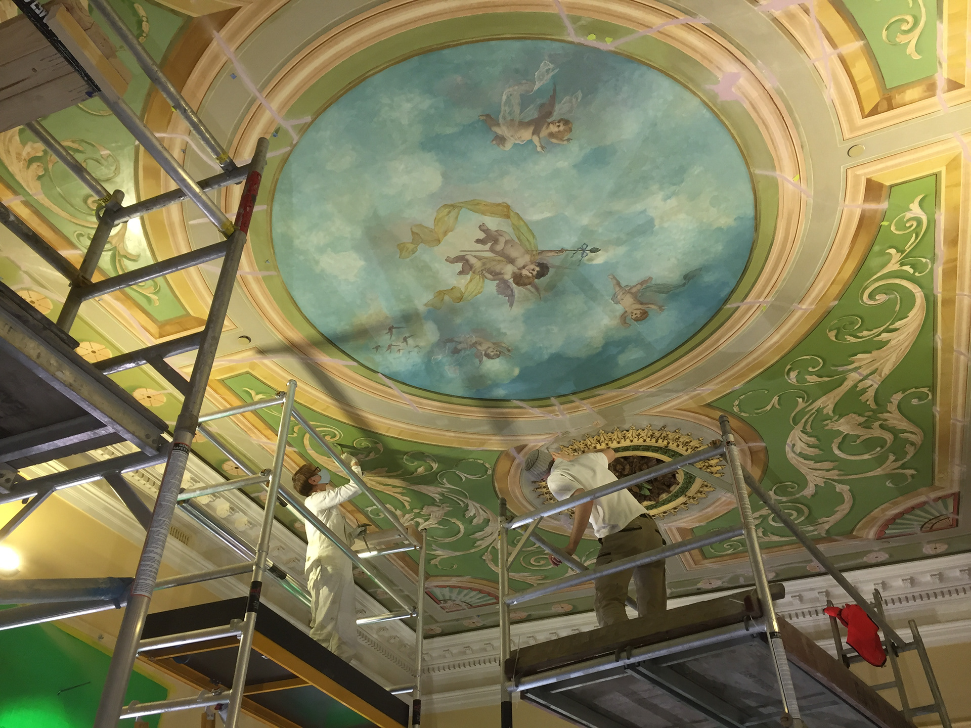 Mayors Room, Fitzroy Town Hall, VIC, Australia.  Restoration of the painted ceiling by Jenny, Dominique and Félix Antony. The work in progress. 
