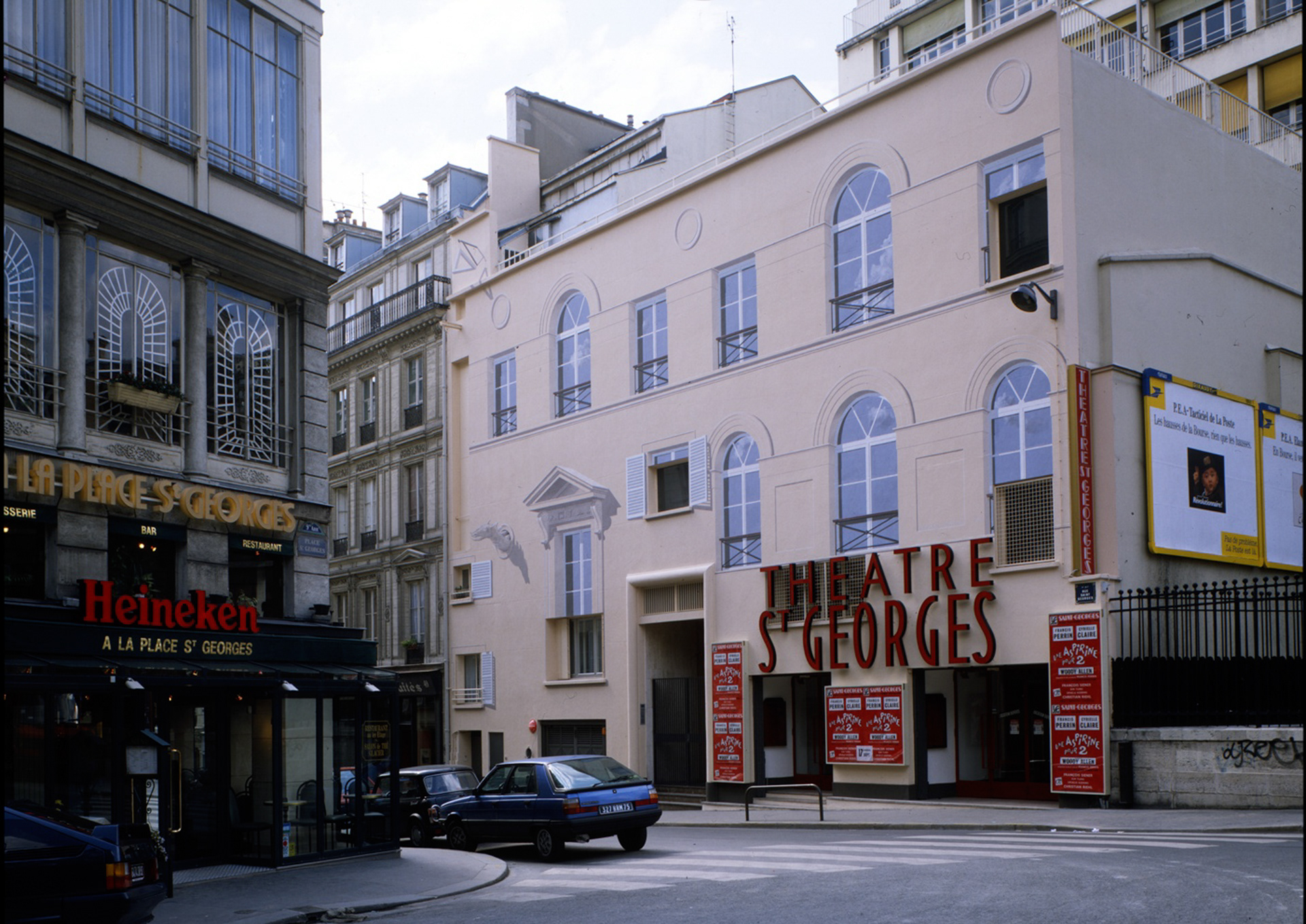 The result after a skilled work of perspective and painting. Architectural trompe-l'oeil façade in anamorphosis of Saint-Georges Theatre