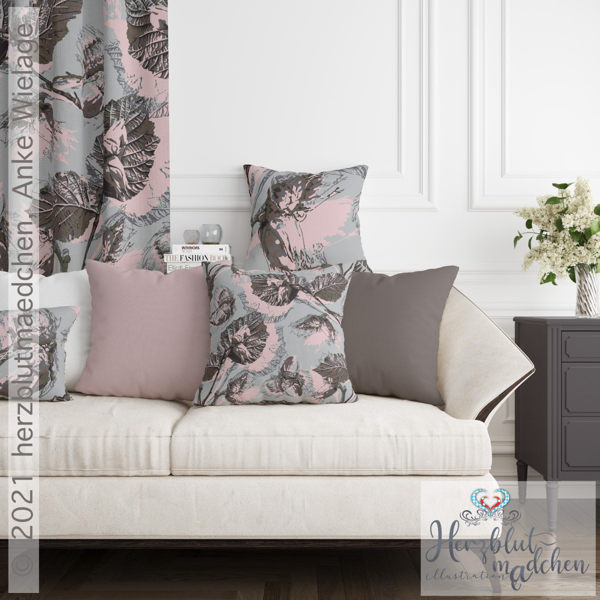 'AVELLANA' in different sizes on pillows and curtain