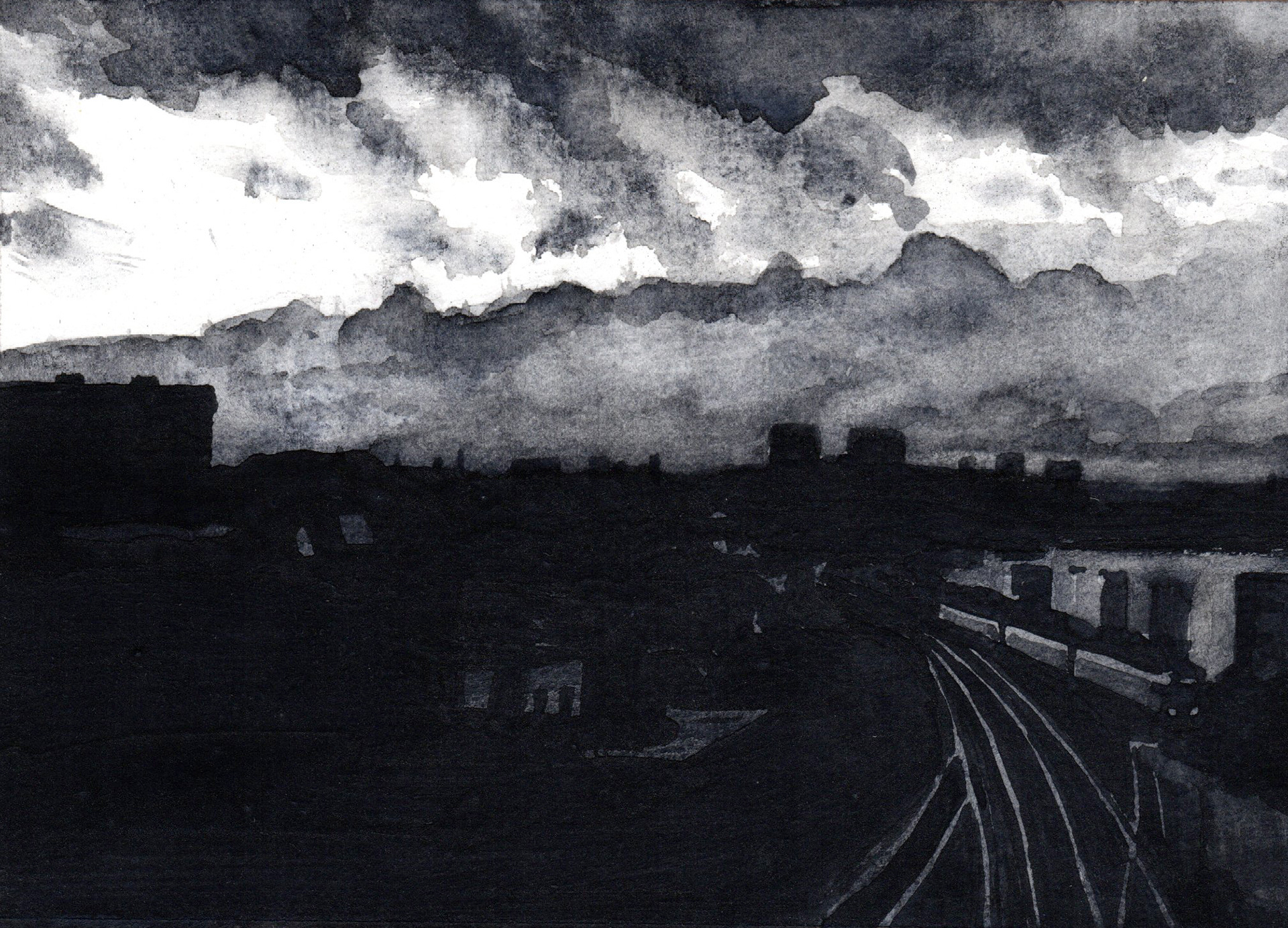 35. Clouds over railroad – Liquid charcoal on paper – Frame 24x18cm - Artwork 18x12cm - Price artwork 50€ / With frame + passepartout 100€