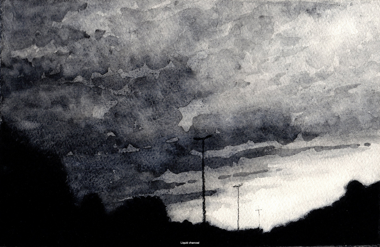 19. Highway – Liquid charcoal on paper – Frame 40x30cm - Artwork 18x25cm - Price artwork 80€ / With frame + passepartout 155€ / SOLD