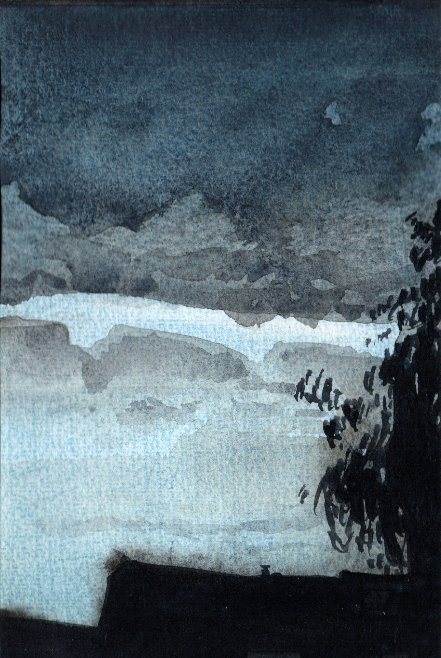 30. Clouds and eucalyptus – Liquid charcoal and watercolor on paper – Frame 18x24cm - Artwork 12x18cm - Price artwork 50€ / With frame + passepartout 100€