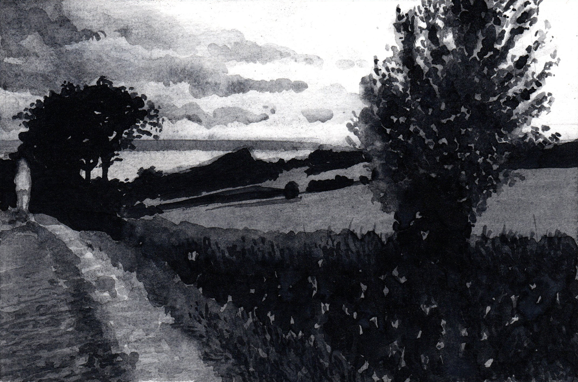 36. Crozon – Liquid charcoal on paper – Frame 24x18cm - Artwork 18x12cm - Price artwork 50€ / With frame + passepartout 100€