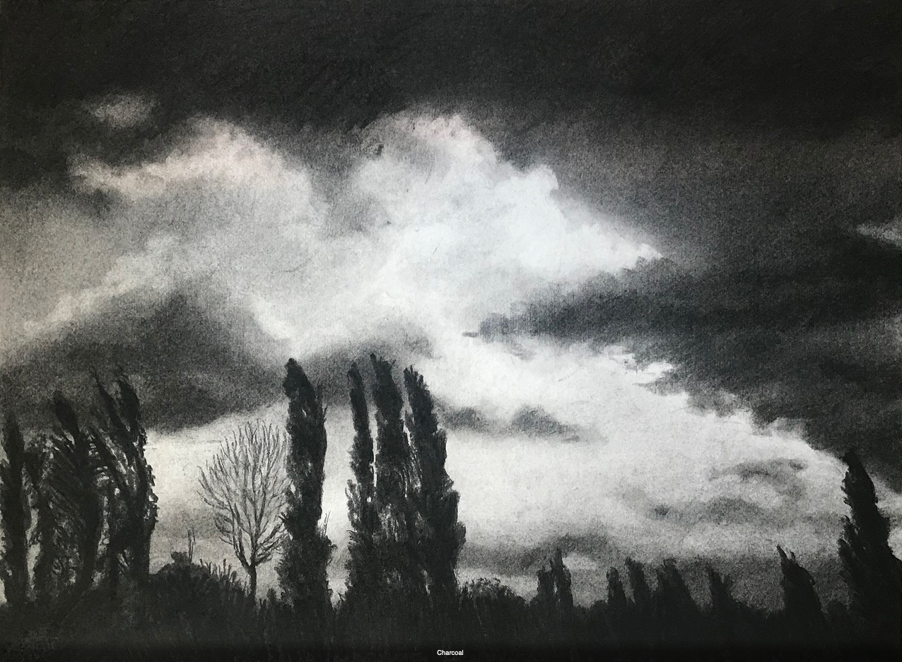 6. Clouds – Charcoal and pigment on paper – Frame 45x60 cm - Artwork 35x54cm - Price artwork 120€ / With frame + passepartout 230€
