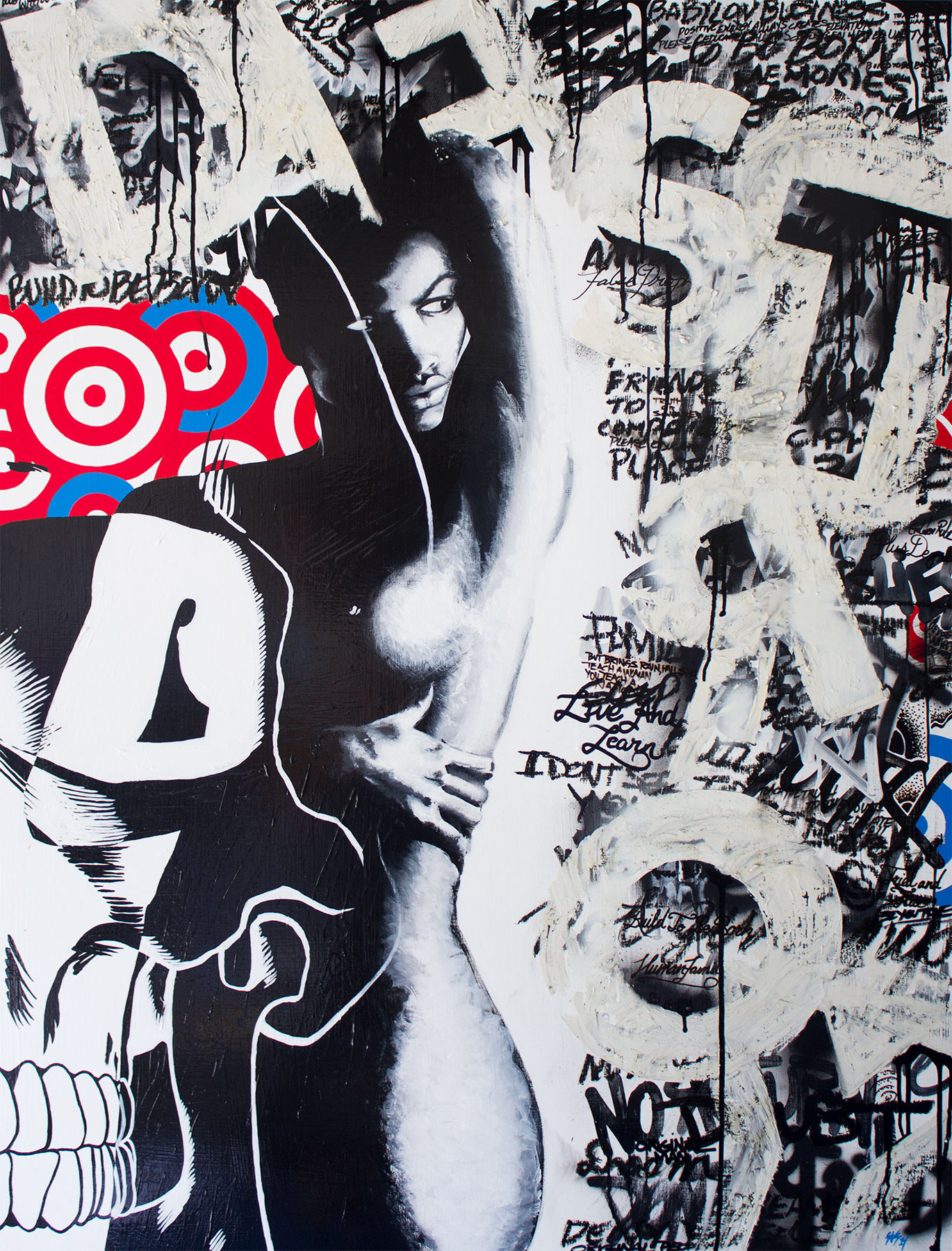 Latex, Acrylic, Print, Oil Stick and Spray Paint on Wood Panel