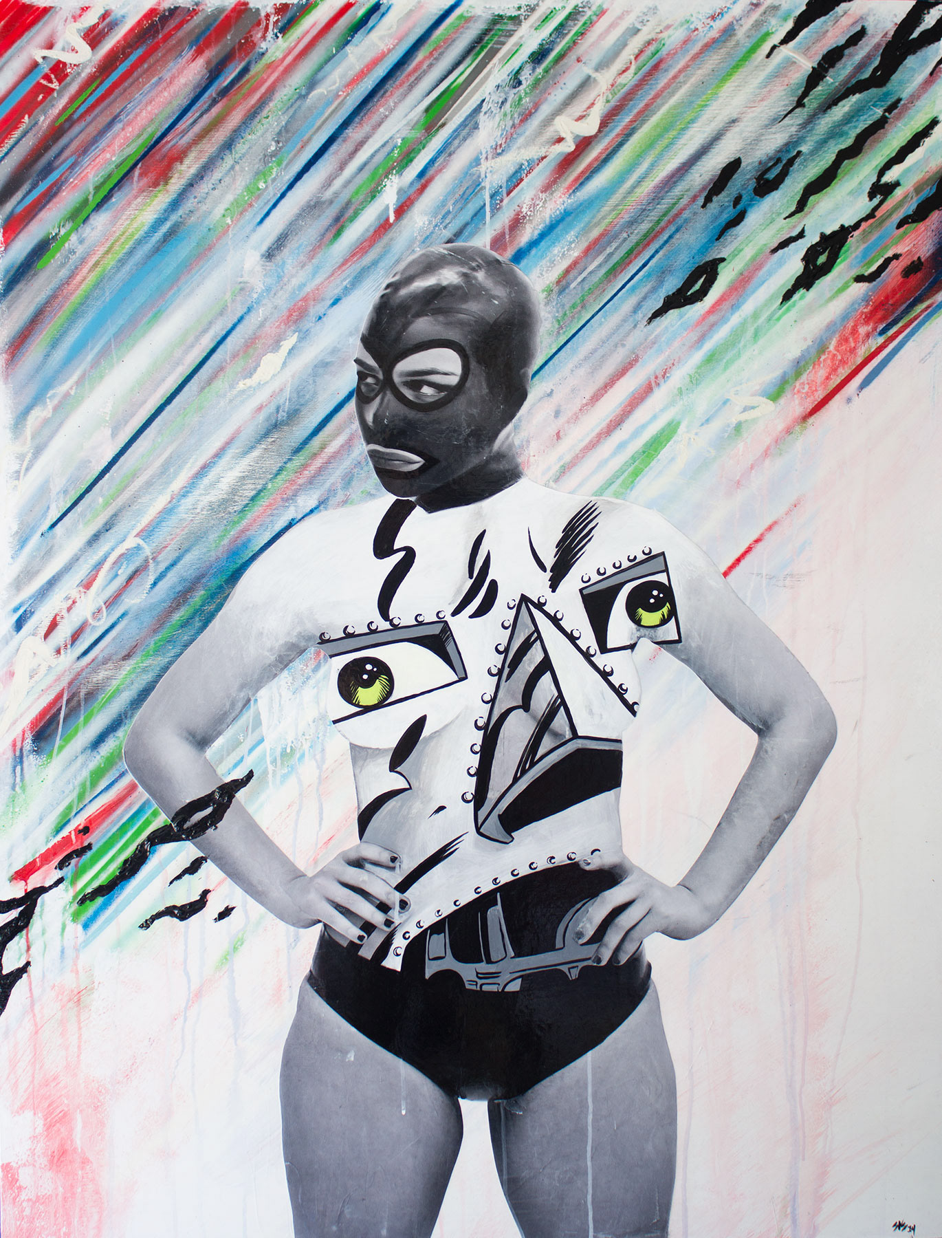 Latex, Acrylic, Print, Oil Stick and Spray Paint on Wood Panel