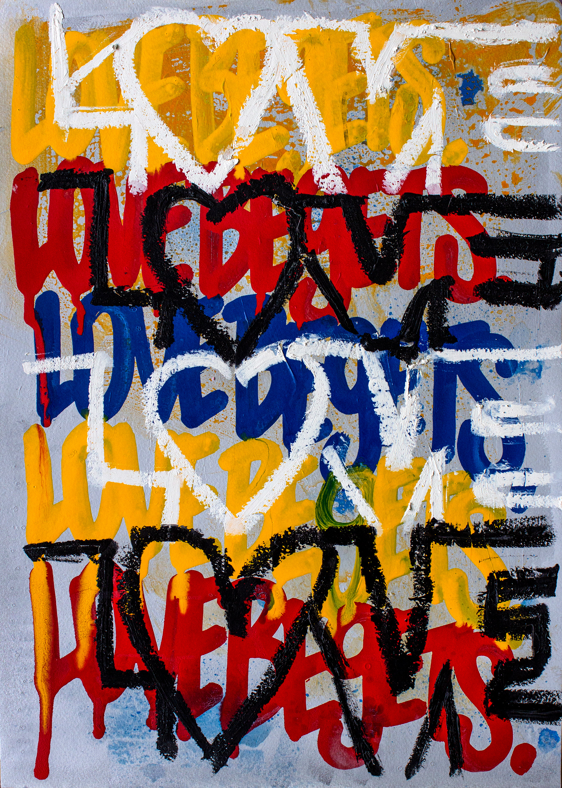Ink, Spray Paint and Oil Stick on Paper