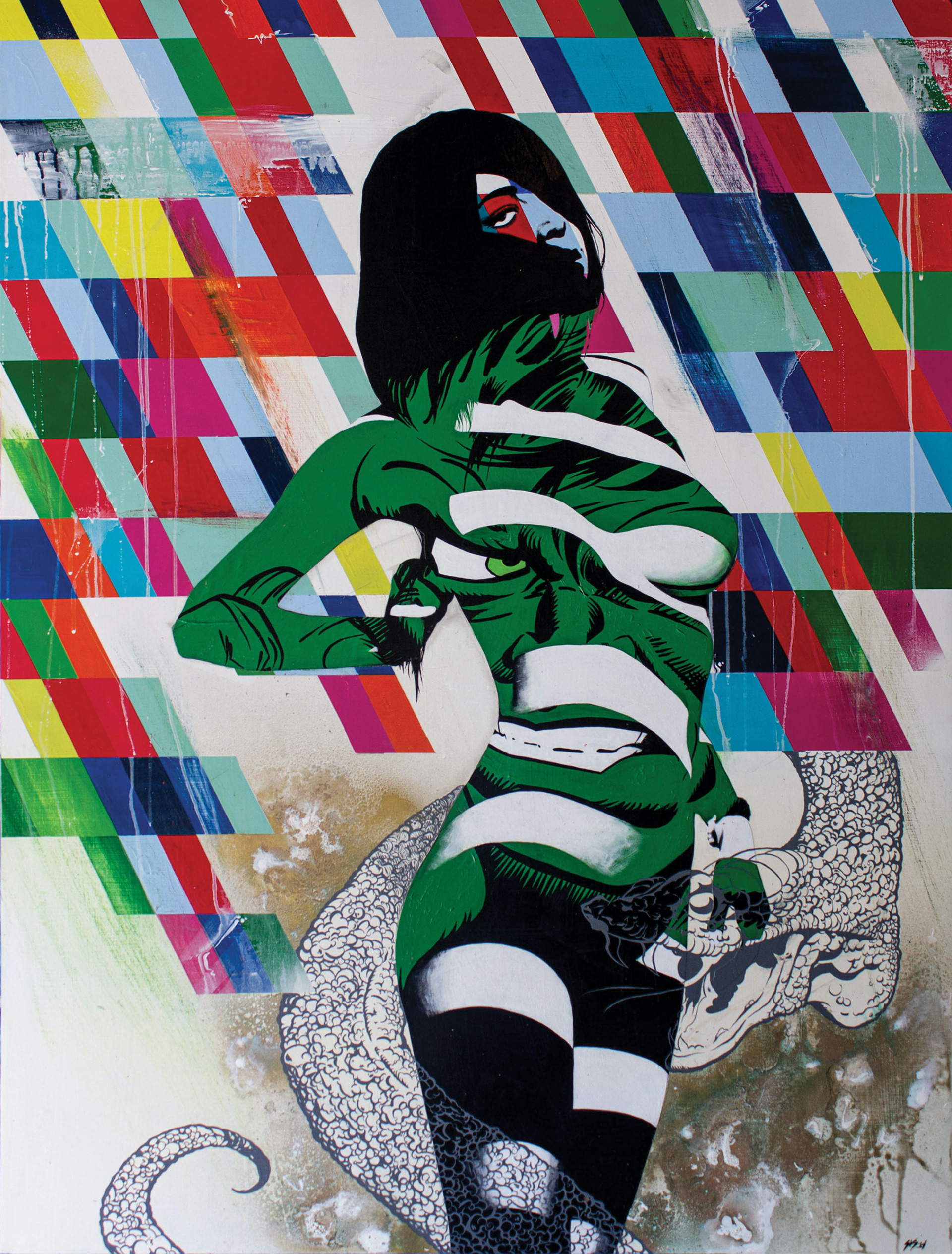 Latex, Acrylic, Print and Spray Paint on Wood Panel