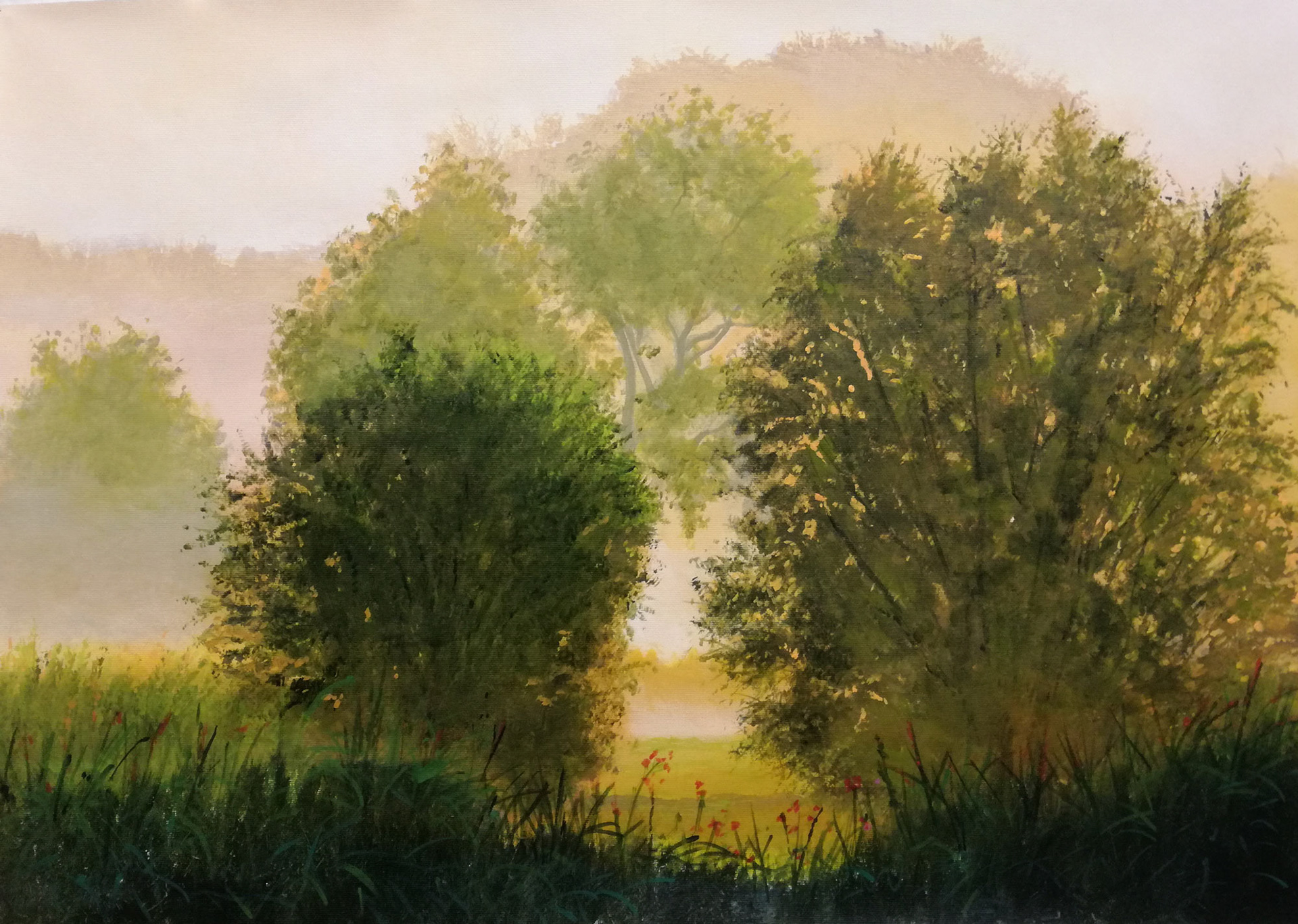 Misty Dawn On The Riverbank, De Schelde, Wichelen - acrylics on canvas - 59 x 42 cm
