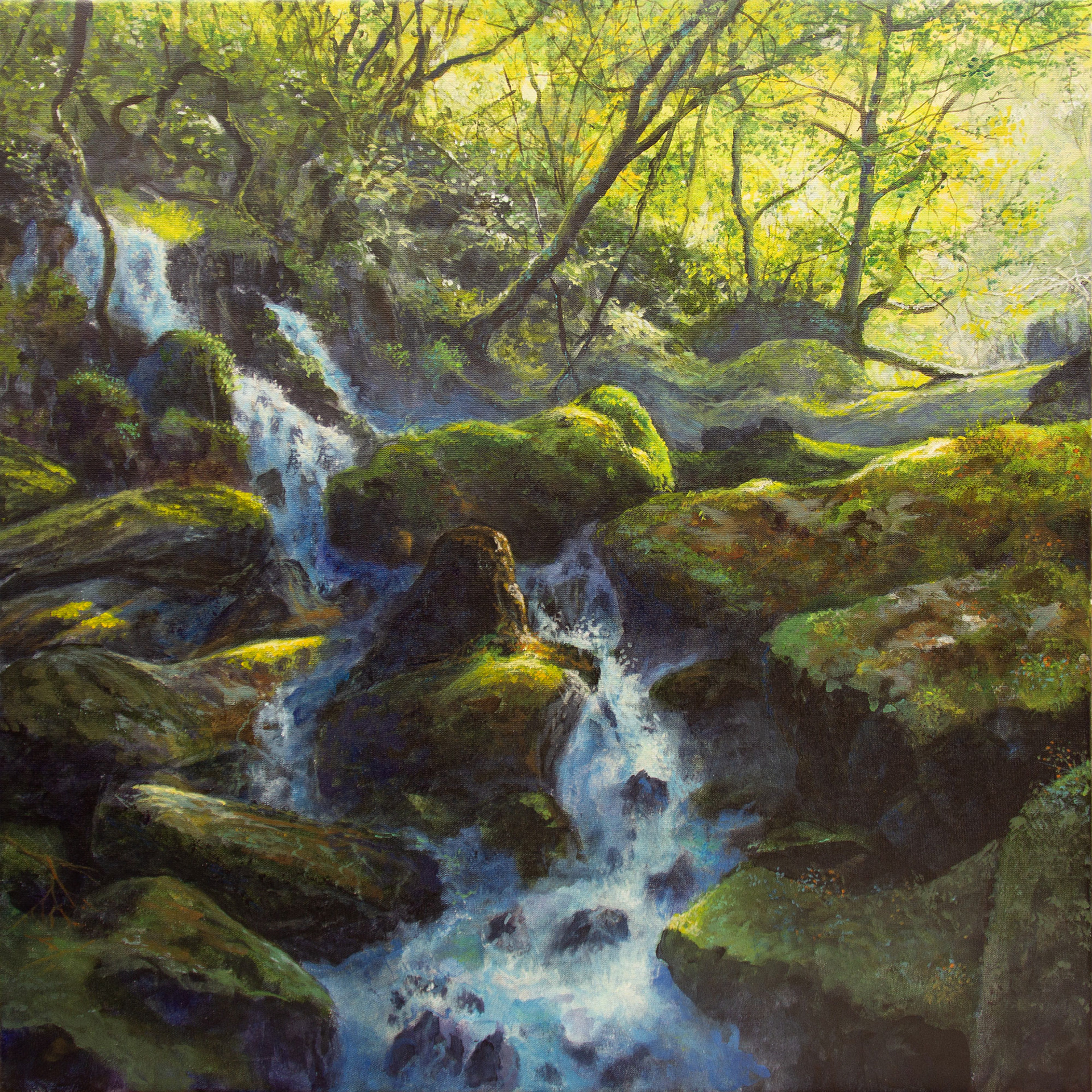 Forest Waterfall - acrylics on canvas - 50 x 50 cm