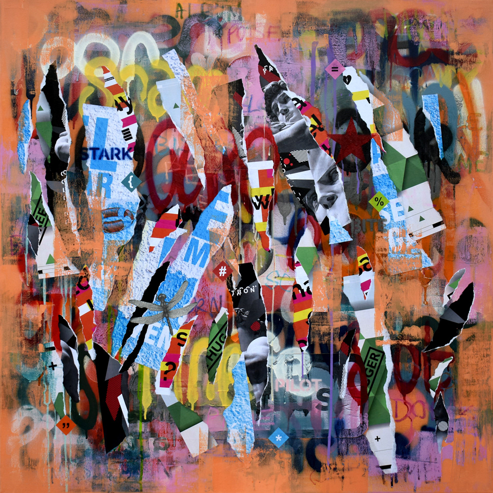 The Sea Will Have Its Revenge (Acrylic, spray paint, oil pastel, collage and pencil drawing on canvas, 40" x 40")