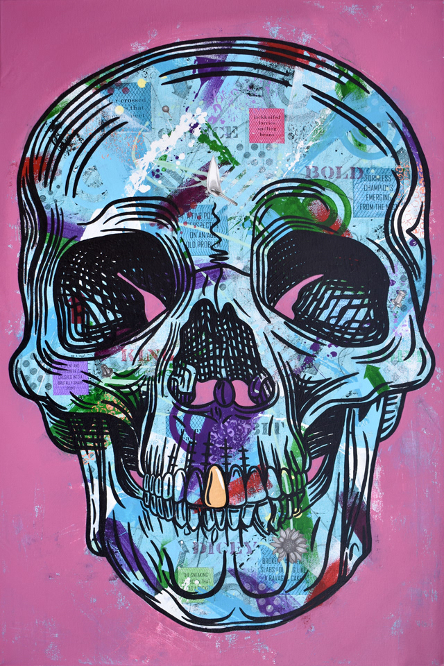 Memento Mori (Part 2) (Acrylic paint, pencil and collage on canvas, 24" x 36")