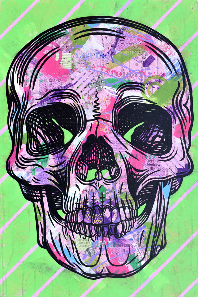 Memento Mori (Part 3) (Acrylic paint, pencil and collage on canvas, 24" x 36")