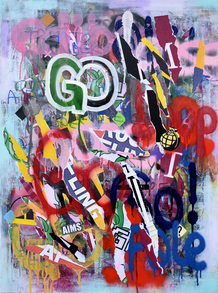 Go! (Acrylic, spray paint, oil pastel and collage on canvas, 24" x 32")