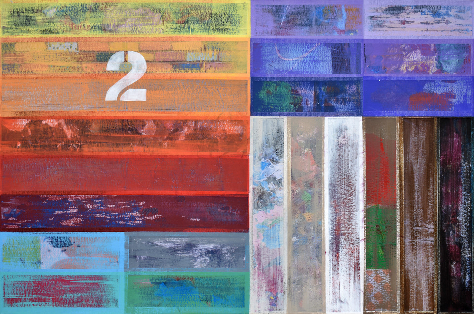 Pallet (2) (Acrylic paint and collage on canvas, 23" x 16")