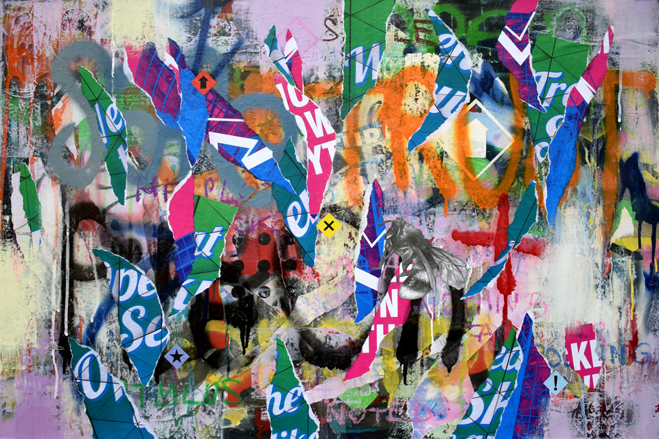 Pile On (Acrylic, spray paint, oil pastel and collage on canvas, 36" x 24")