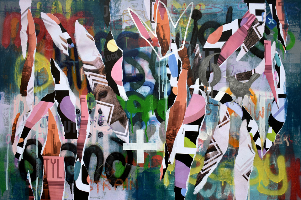 King (Acrylic, spray paint, oil pastel and collage on canvas, 36" x 24")