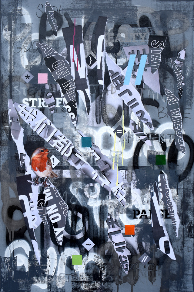 Fealty (Acrylic, spray paint, oil pastel and collage on canvas, 24" x 36")