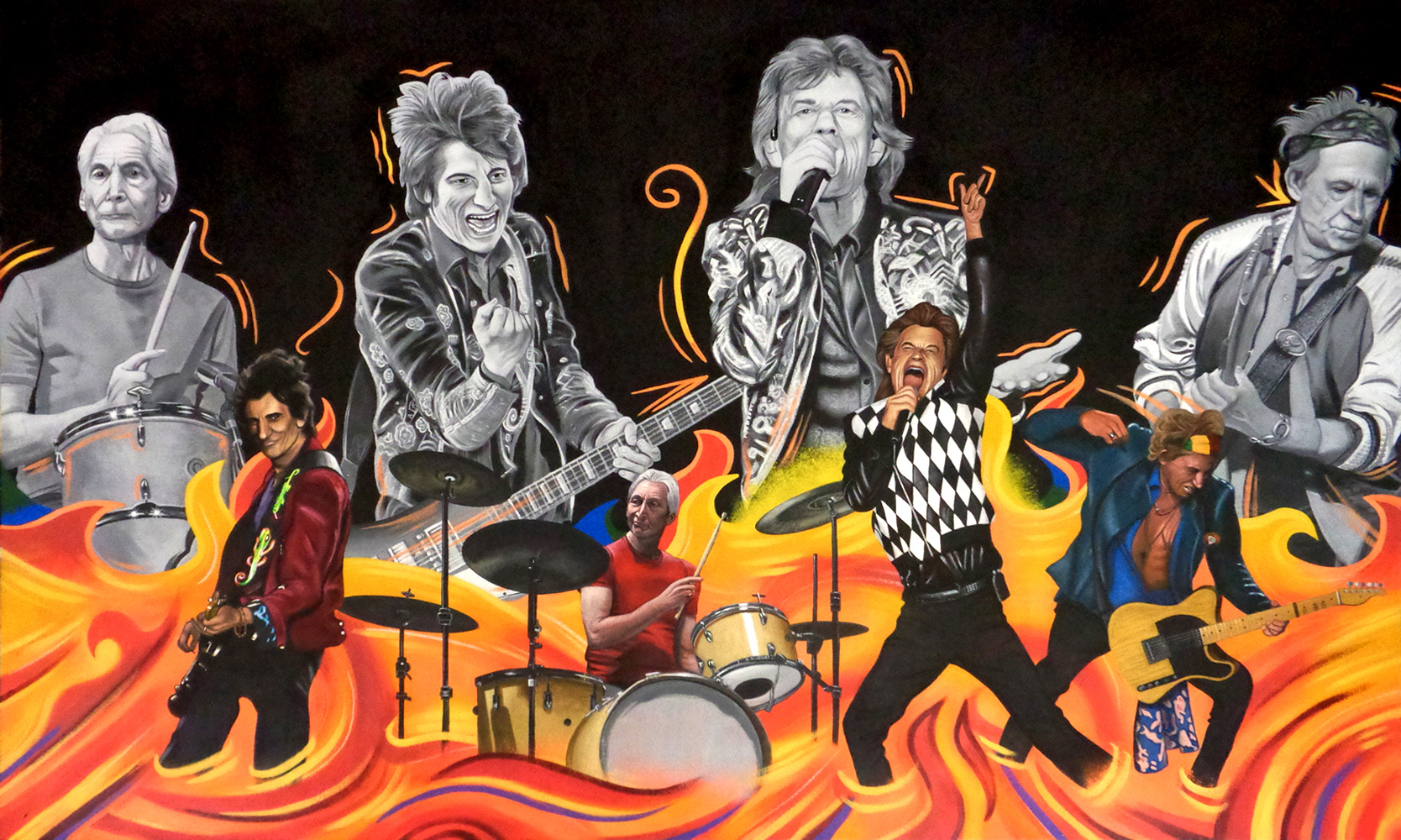 The Rolling Stones (After Ronnie Wood's Famous Flames series) (Acrylic paint on canvas mounted on board)