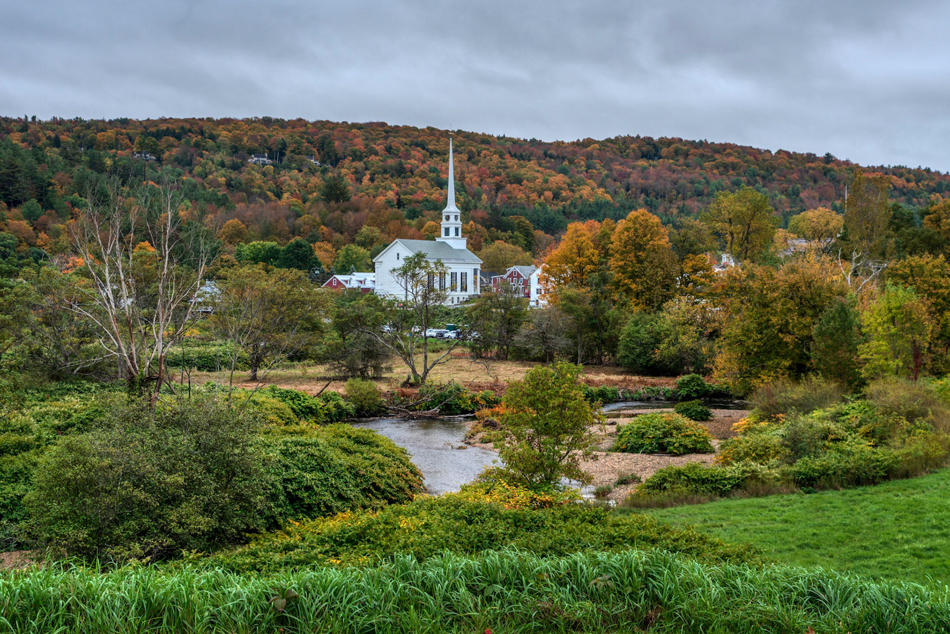 Stowe Community Church in fall season