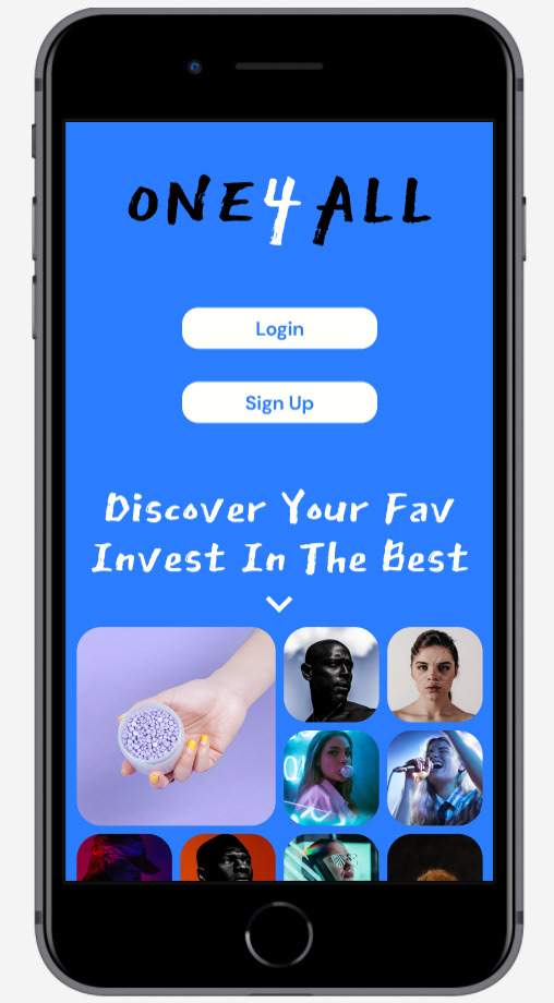 Iphone displaying One for all launch screen, with login/sign up options and the text "discover your fav, invest in the best" and the beginning of a scroll of profile images
