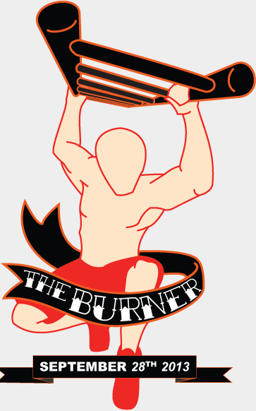 Vector drawing of a male figure climbing across monkey bars with a banner that says The Burner September 28th 2013
