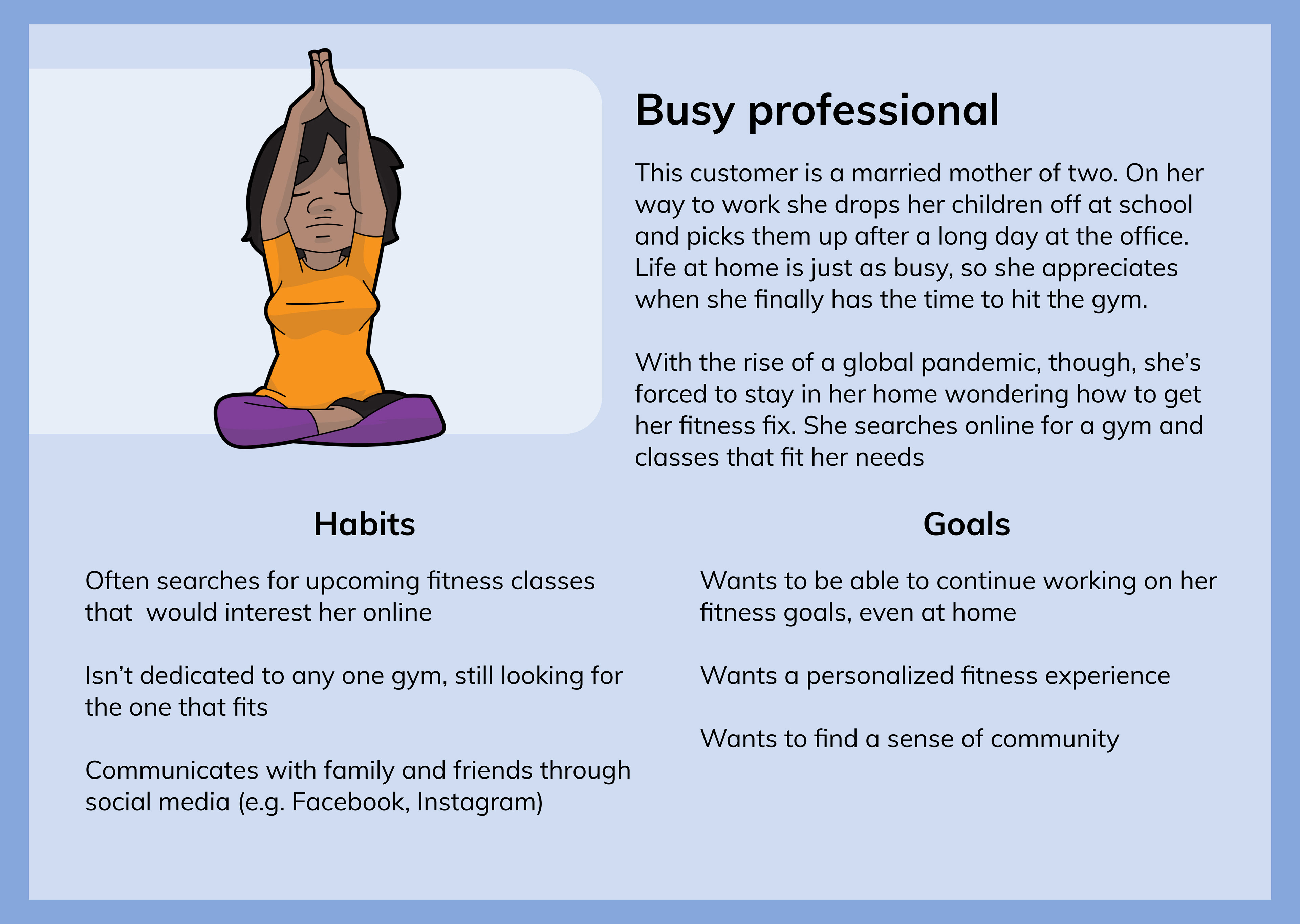 Image of a User Persona describes a busy professional mother looking for fitness options to match her schedule