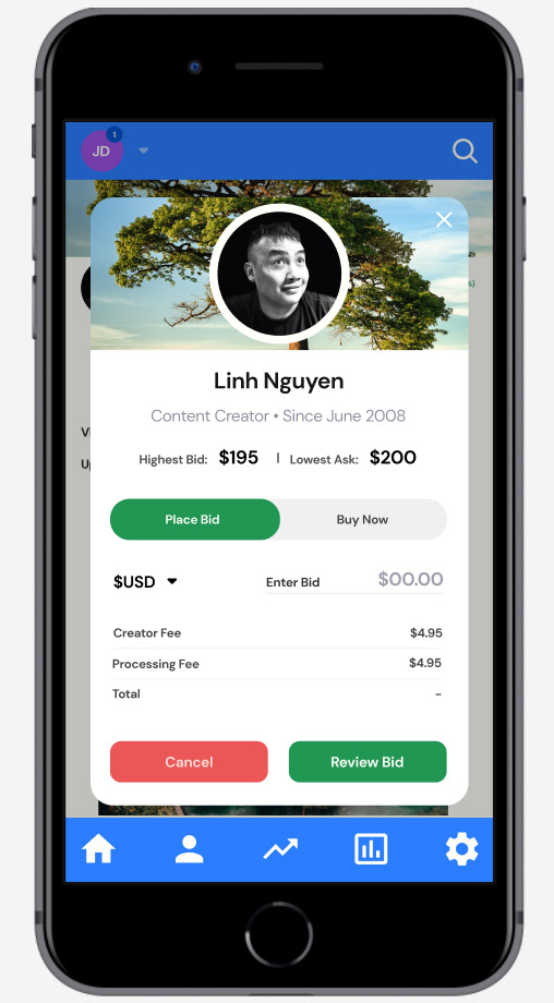 Iphone showing an individual profile on a support/bid/buy page showing a Highest Bid vs Lowest Ask marketplace model concept, along with showing transaction fees to the creator and platform.