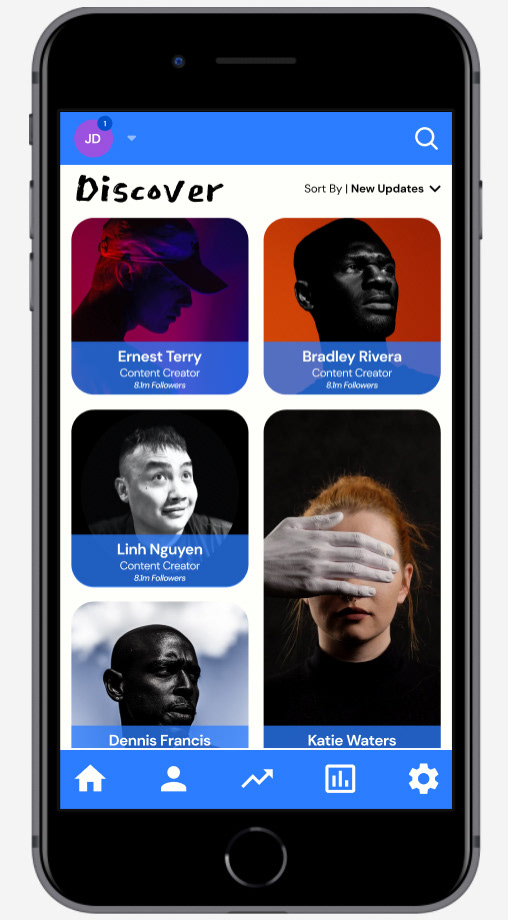 Iphone showing the Discover home screen with a scrolling grid of user profile pictures that features names, type of content they produce, and follower numbers.