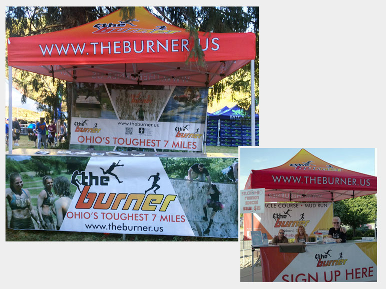 Two images of tents and information booths for the Burner team to set up at marketing events