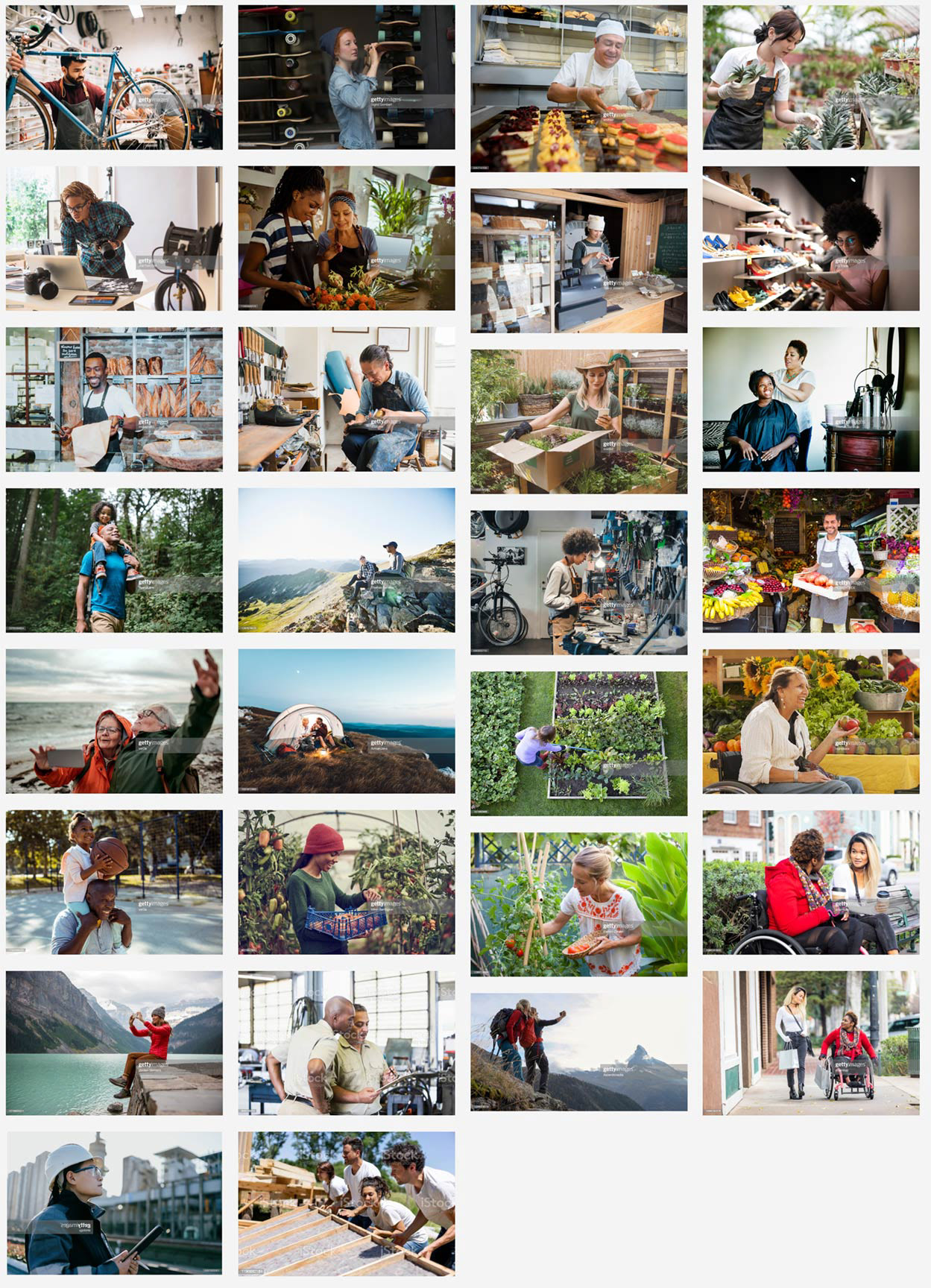 photocollage of images taken to build a sense of brand voice. Images show a range of diverse people engaging in small business feeling objectives and nature focused outdoors activities