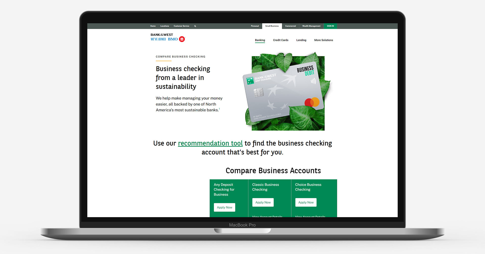 laptop screen mockup of the business checking webpage for Bank of the West