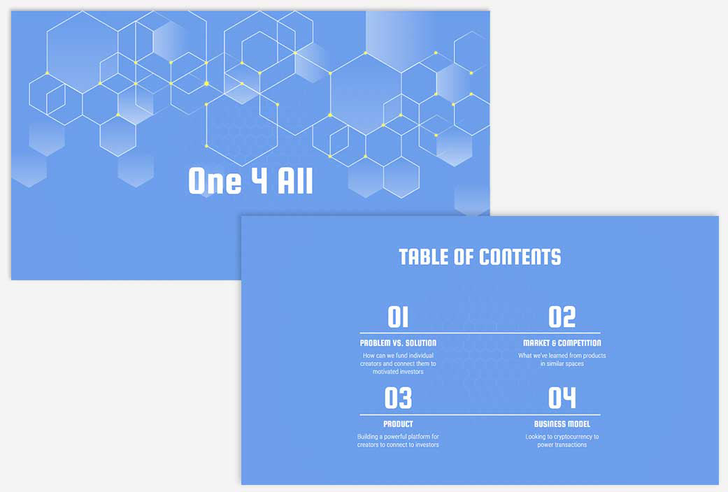 image of two slides from the final presentation. One is a title slide with the text "One 4 All." The Second shows a table of contents with the text "01 Problem vs solution: How can we fund individual creators and connect them to motivated investors. 02 Market & Competition: What we've learned from products in similar spaces. 03 Product: Building a powerful platform for creators to connect to investors. 04: Business Model: Looking to cryptocurrency to power transactions. 