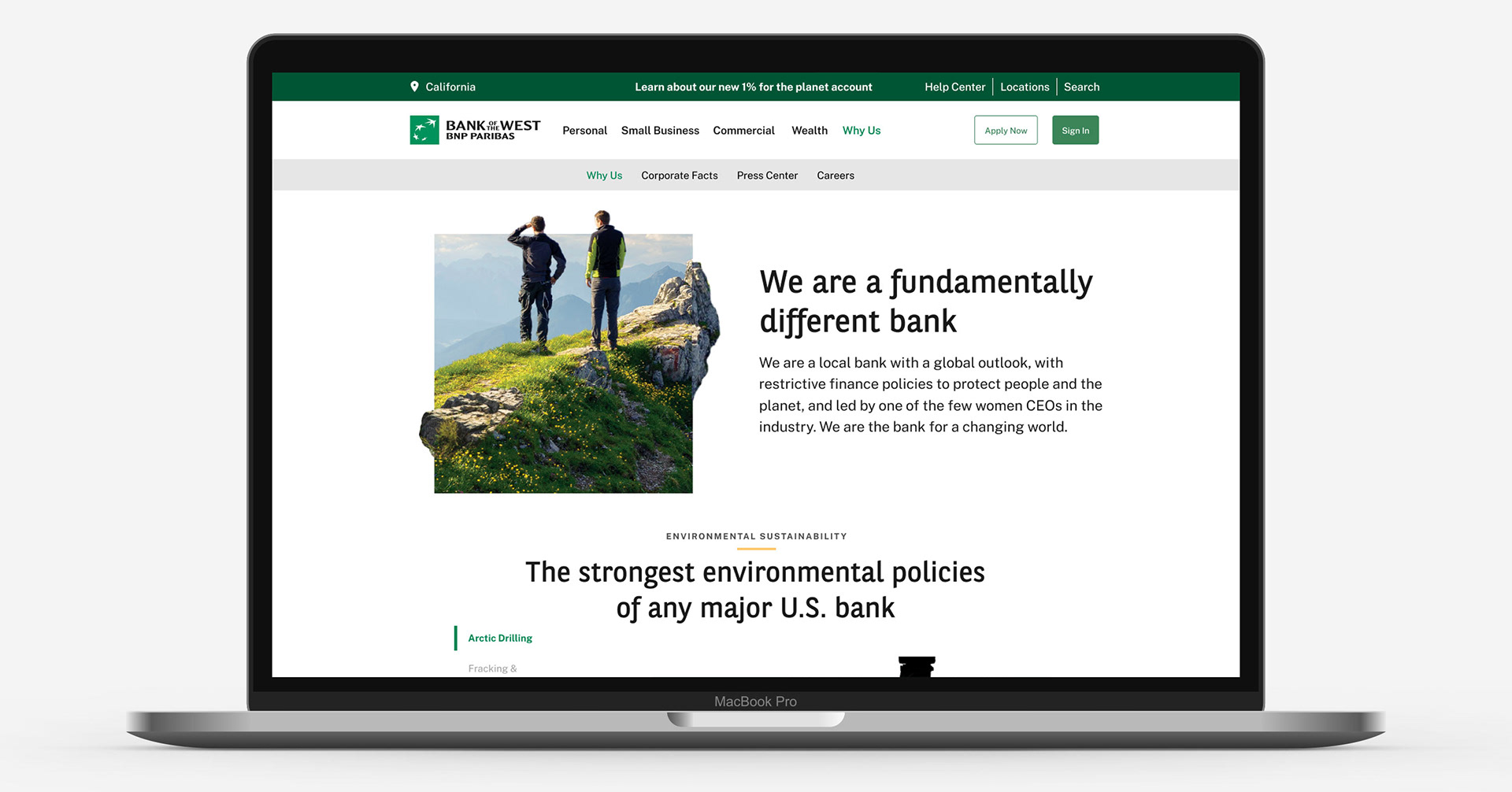 photo mockup of the Why Us webpage for bank of the west as seen on a laptop screen showing the headline "we are a fundamentally different bank"