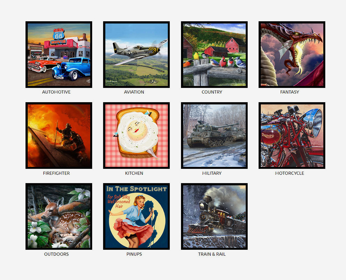 Image quilt of product categories: Automotive, Aviation, Country, Fantasy, Firefighter, Kitchen, Military, Motorcycle, Outdoors, Pinups, Train & Rail