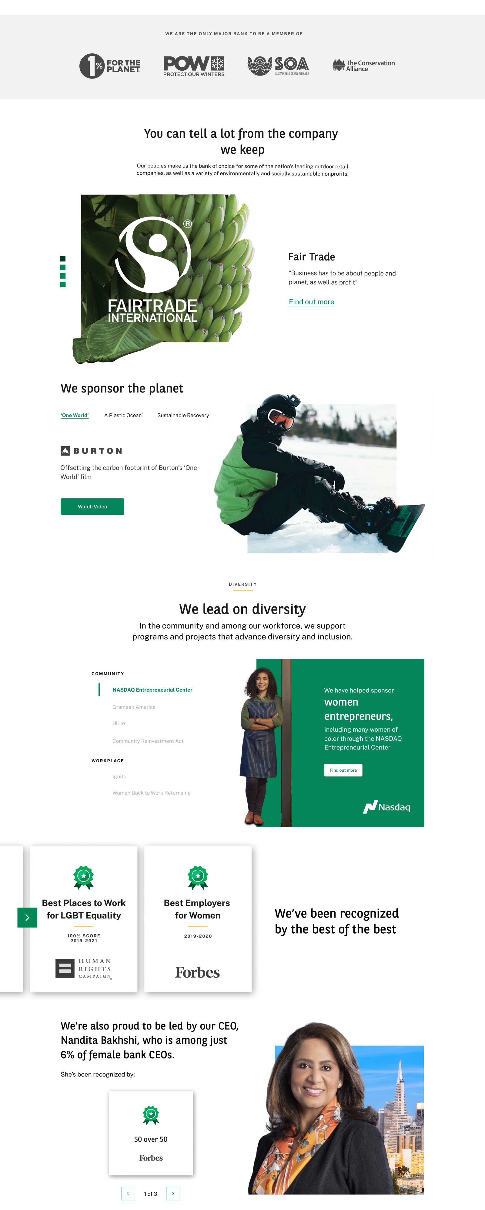 3rd photo in a series of 3 showing the Website page describing why Bank of the West is different than other banks, showing environmental focuses, testimonial video previews and messages from the president.