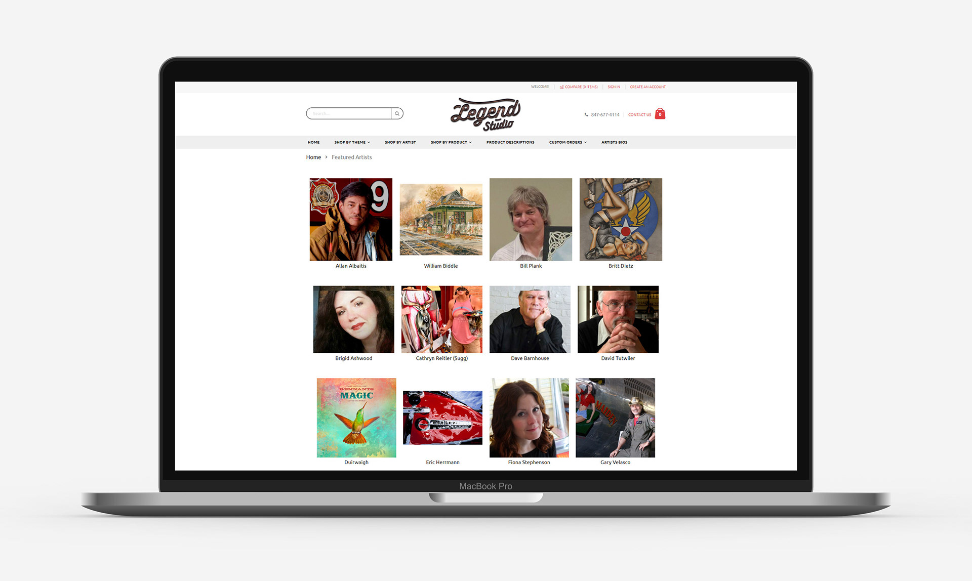 Browser mockup of a web page for viewing specific artist pages and shopping by their products